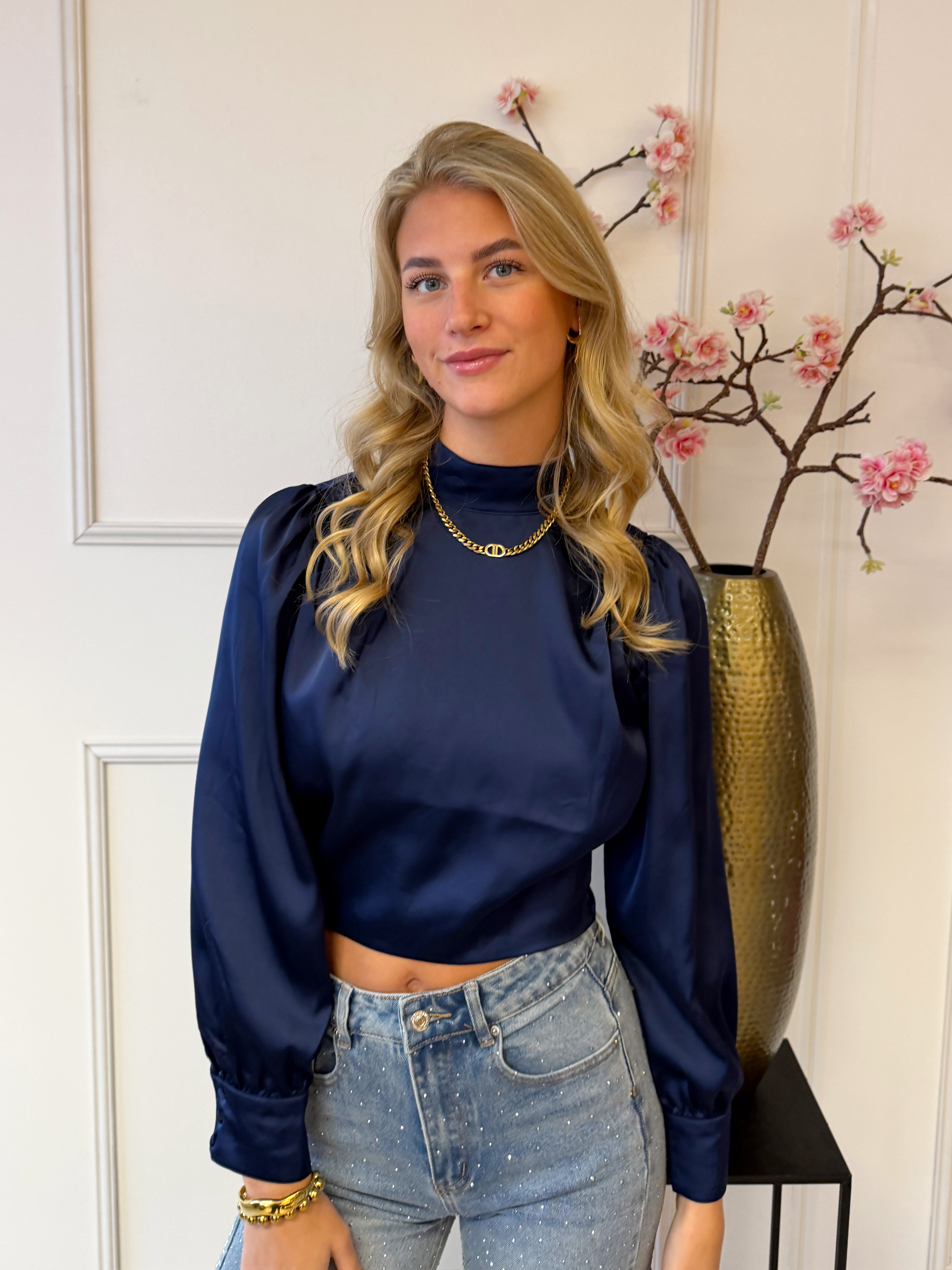 Satijnen Blouse met open rug | Navy