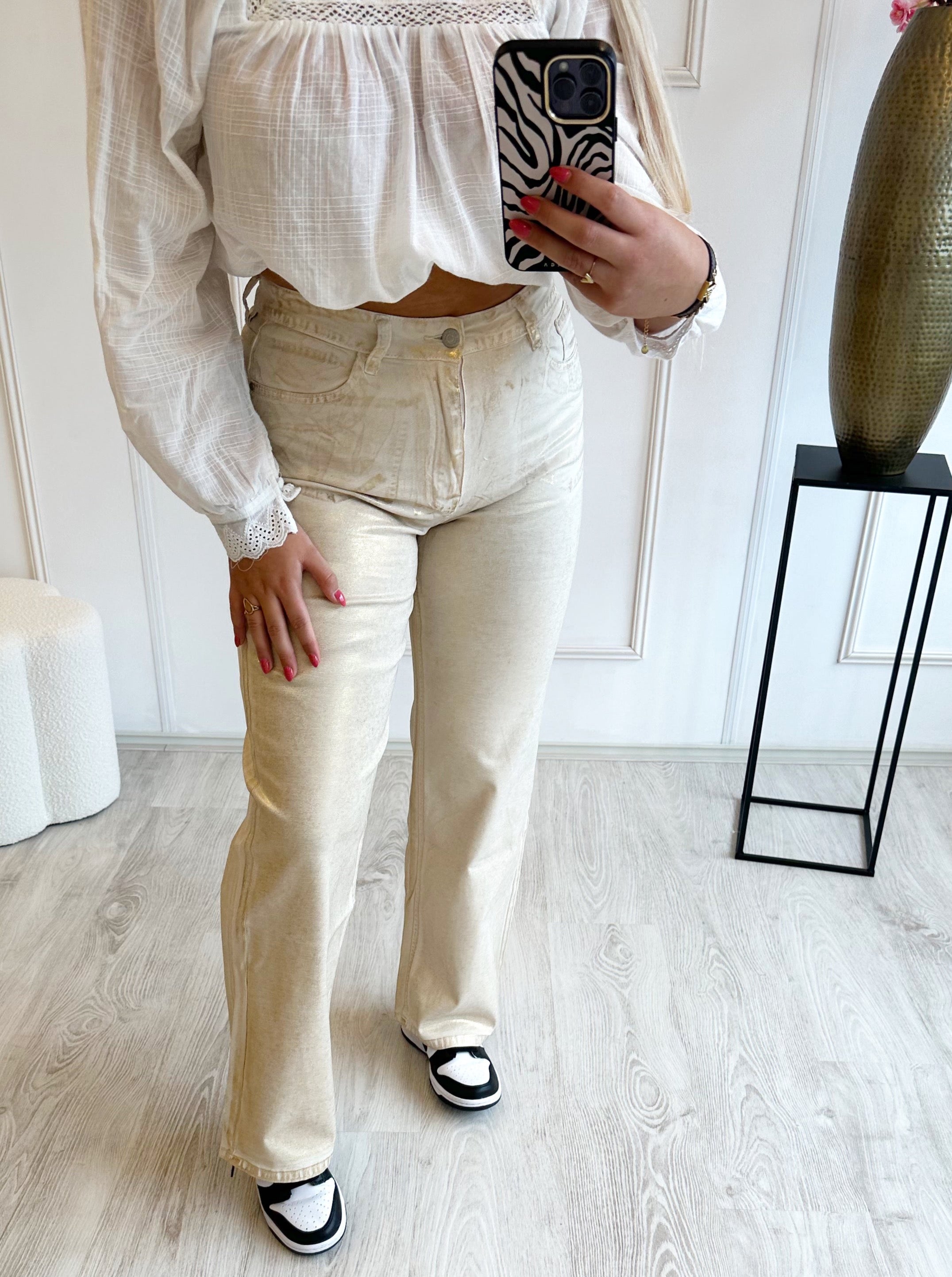Denim Metallic Stretch Broek | Goud