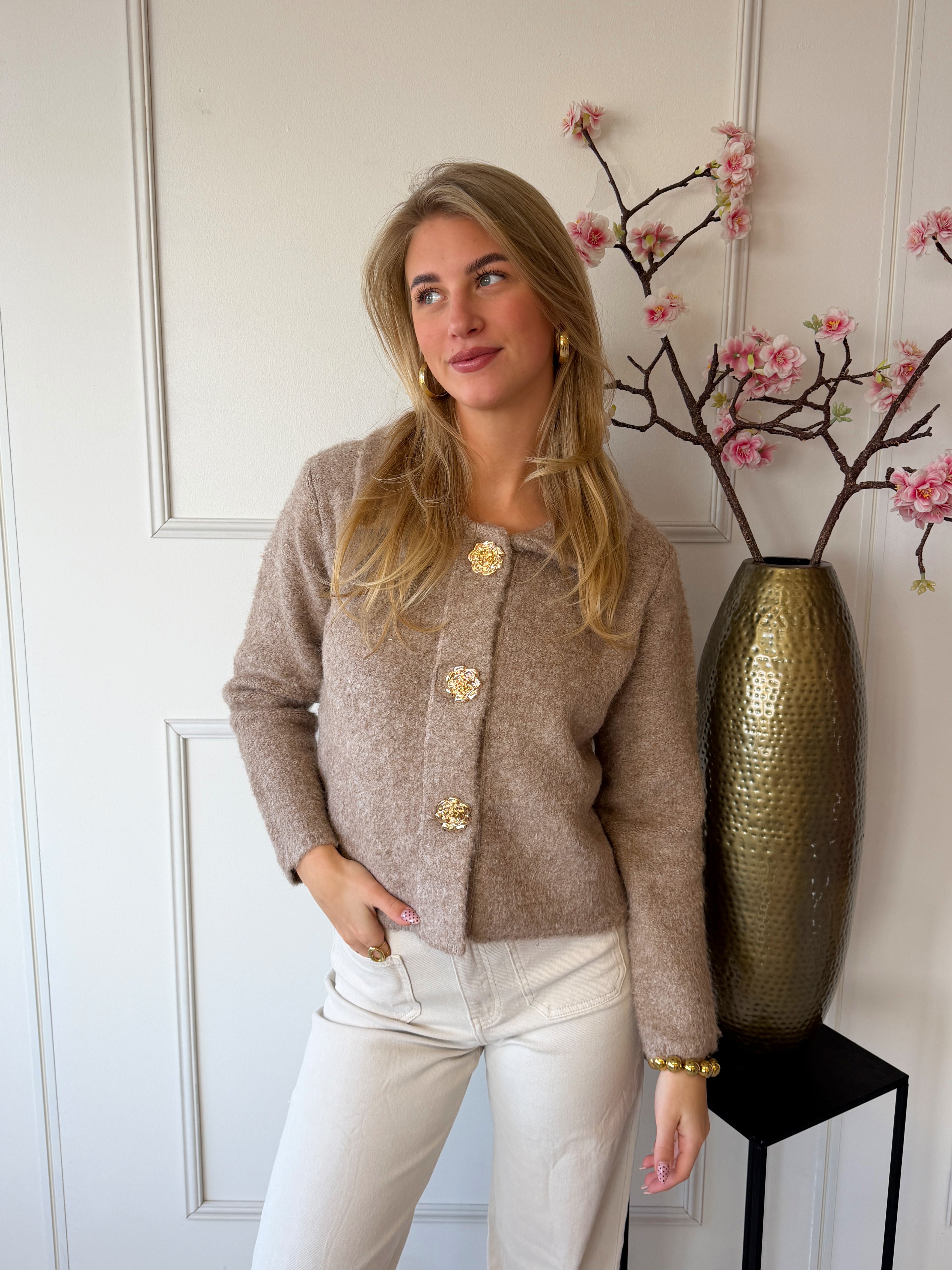 Bloemen Knopen Vest | Taupe