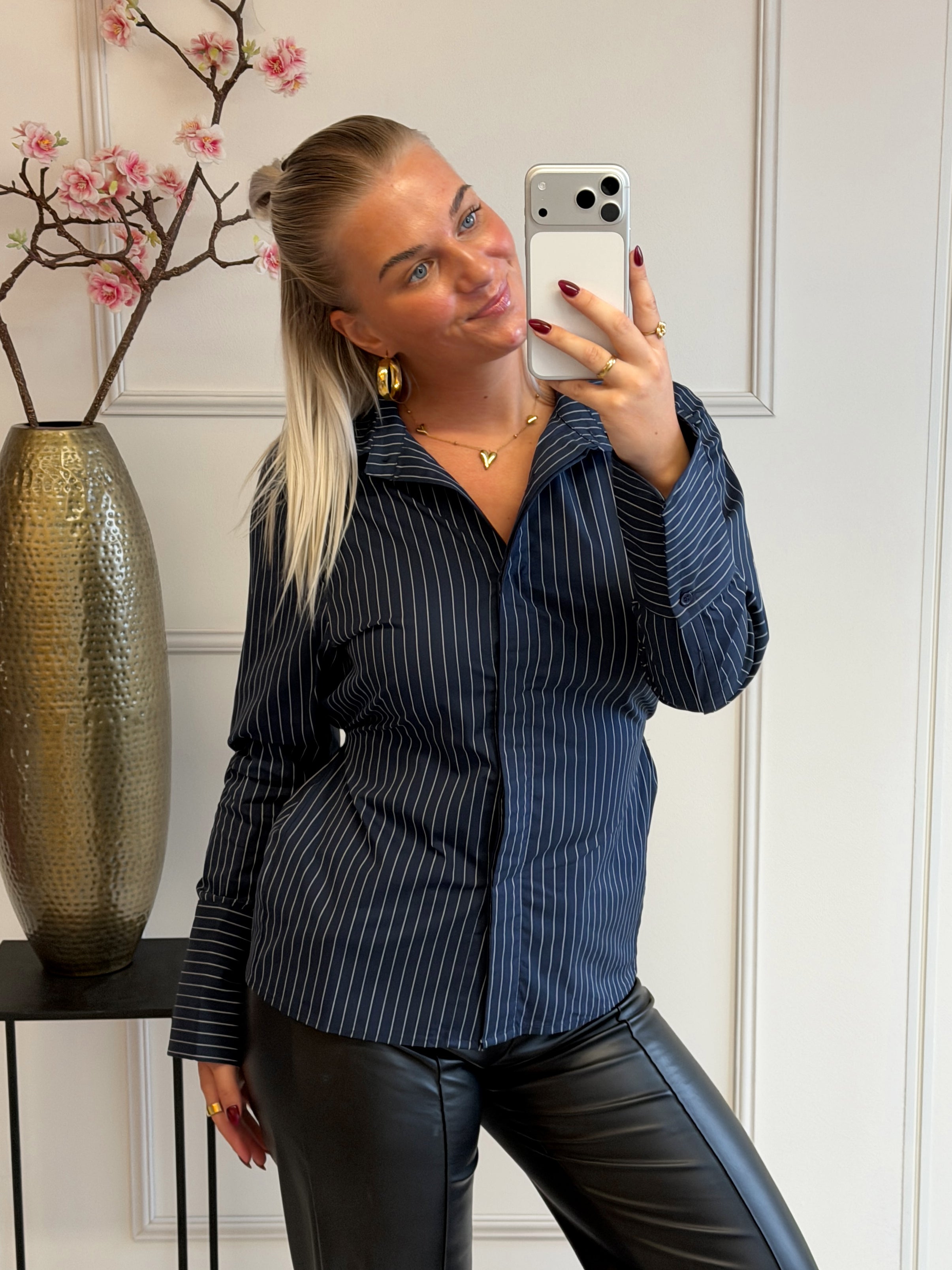 Striped Blouse met strik detail | Navy blauw