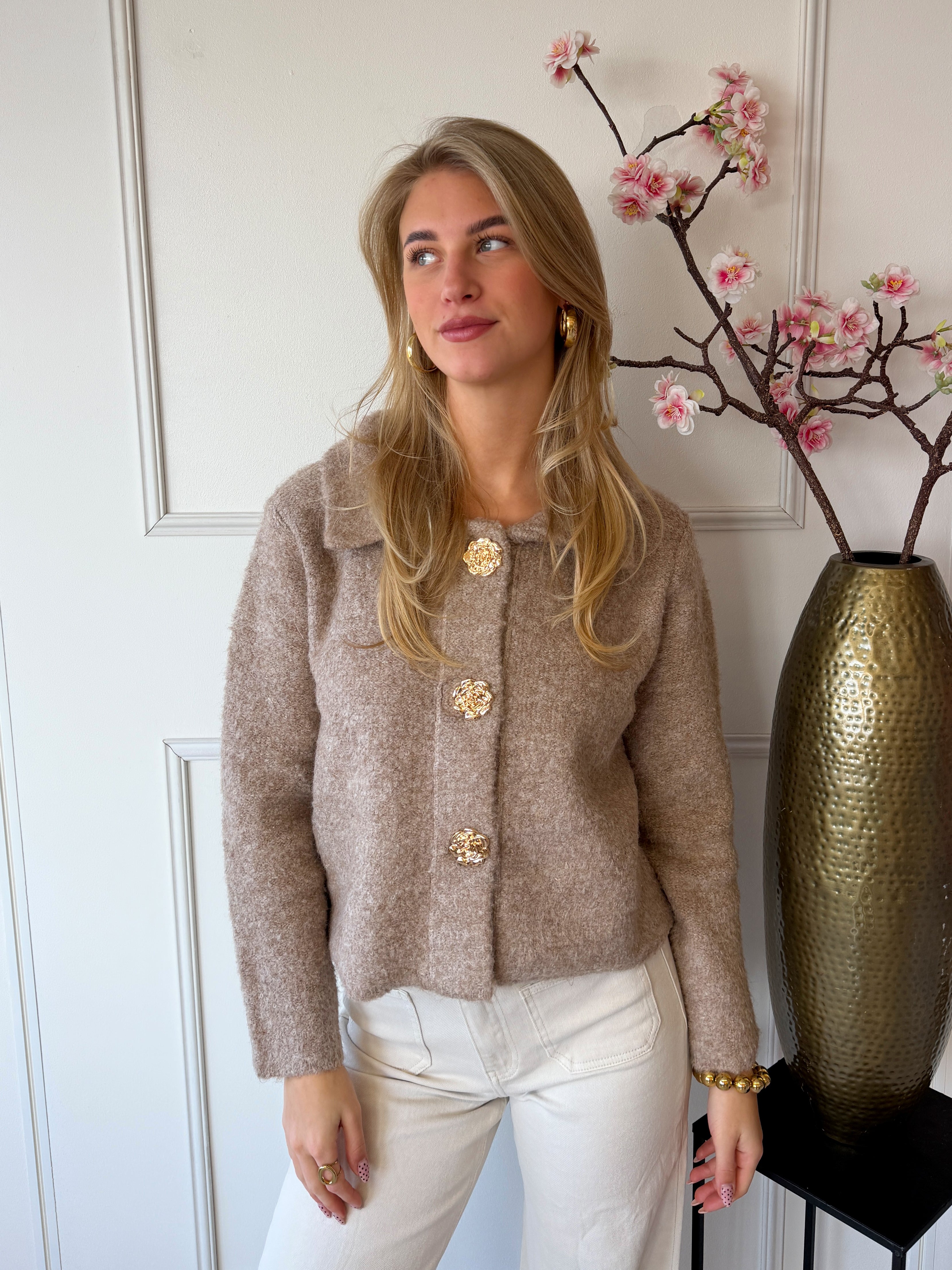 Bloemen Knopen Vest | Taupe