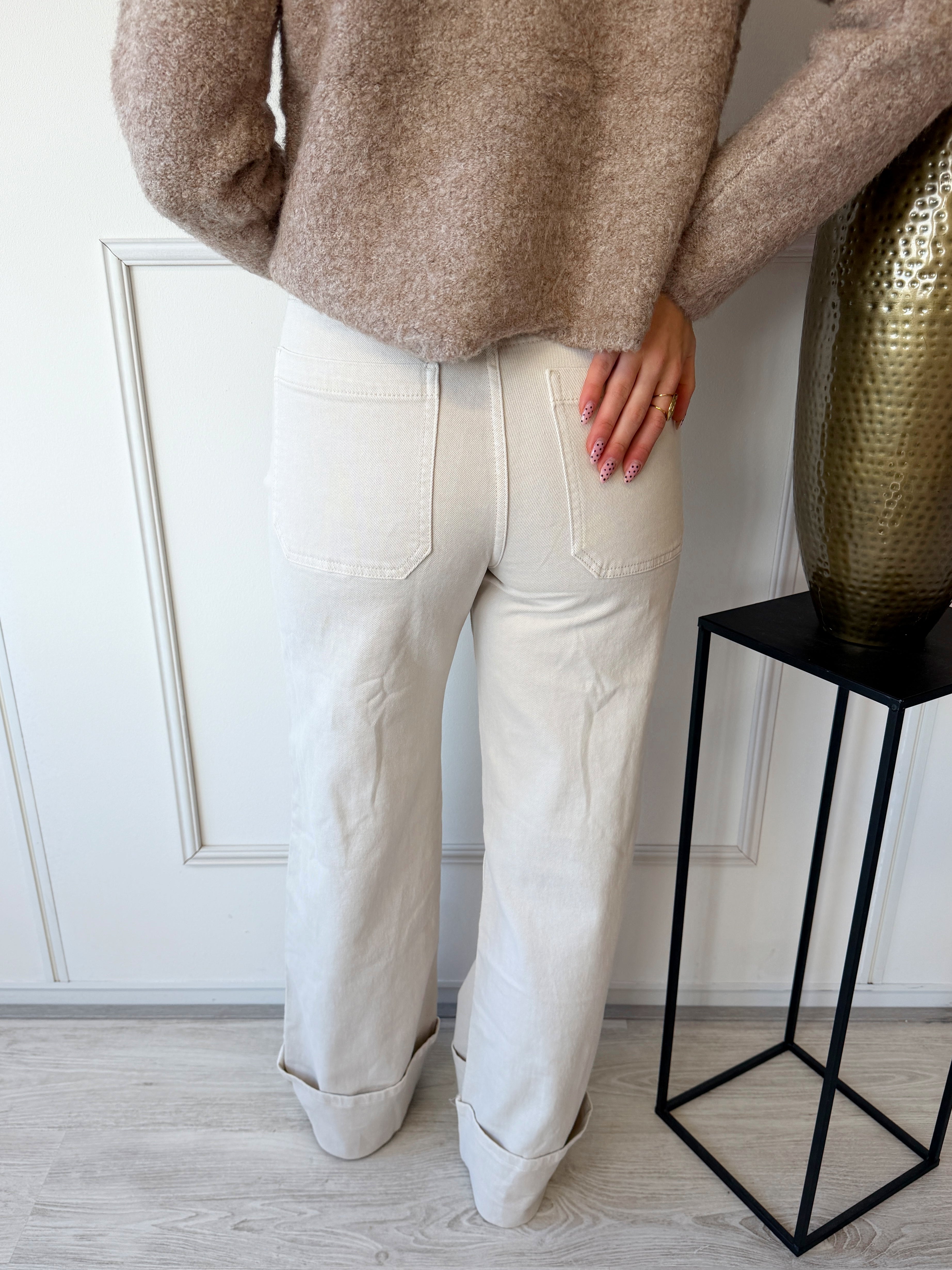 Wide Leg Front Pocket Cuff Jeans | Beige