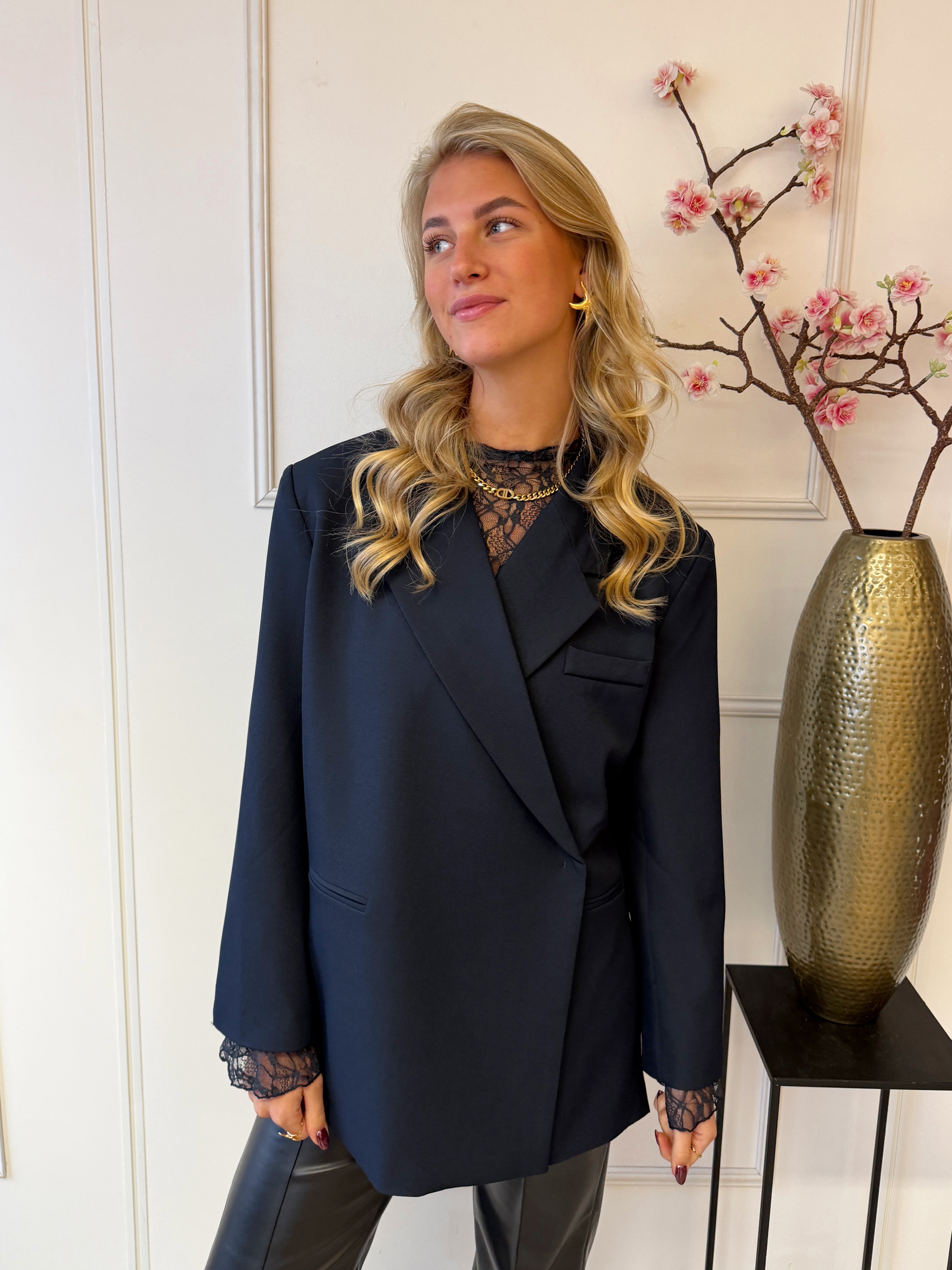 Kanten Top Flared Mouw | Navy