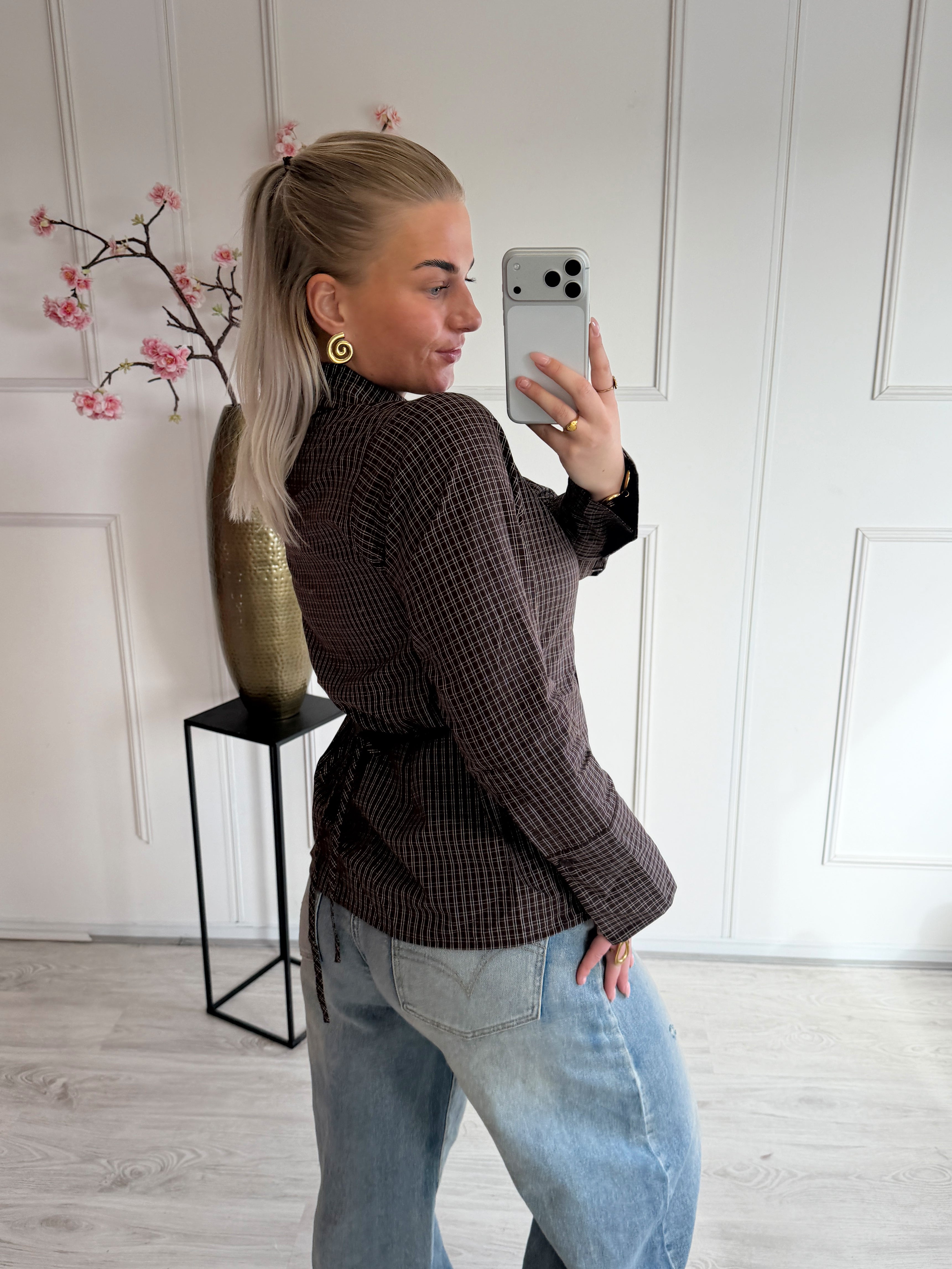 Geruite Blouse met strik detail | Bruin