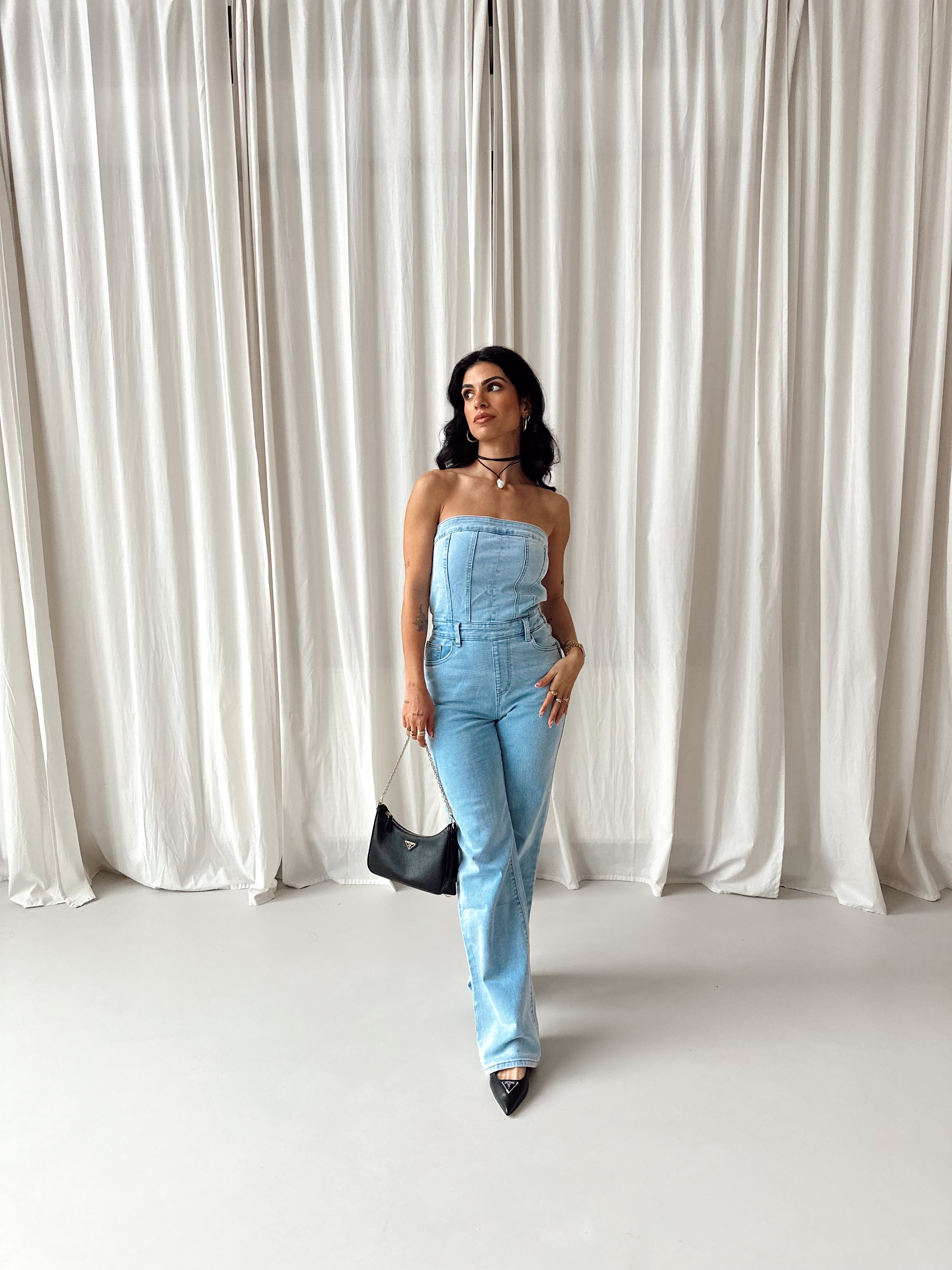 Denim Off The Shoulder Mara Jumpsuit | Blauw