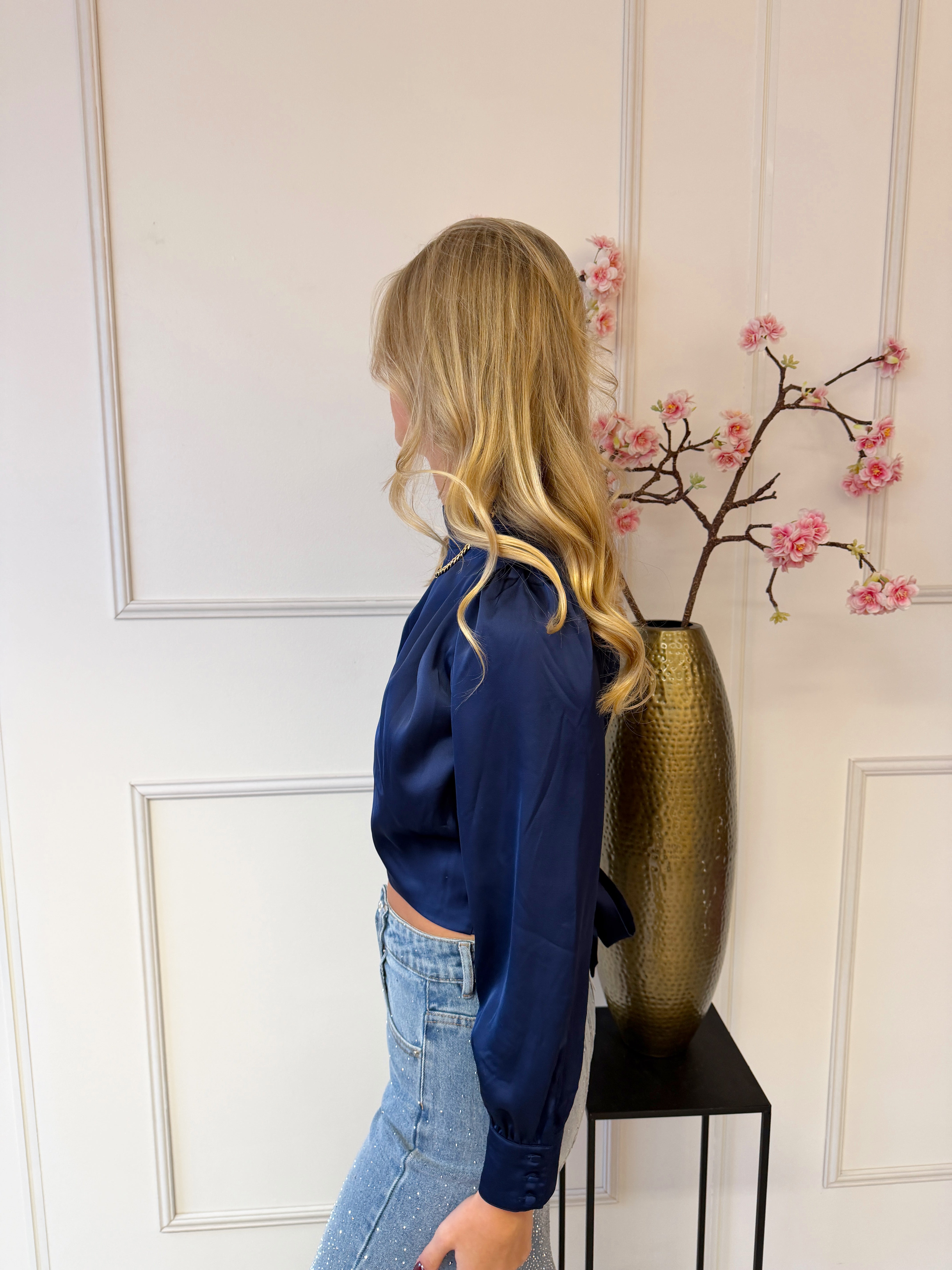 Satijnen Blouse met open rug | Navy