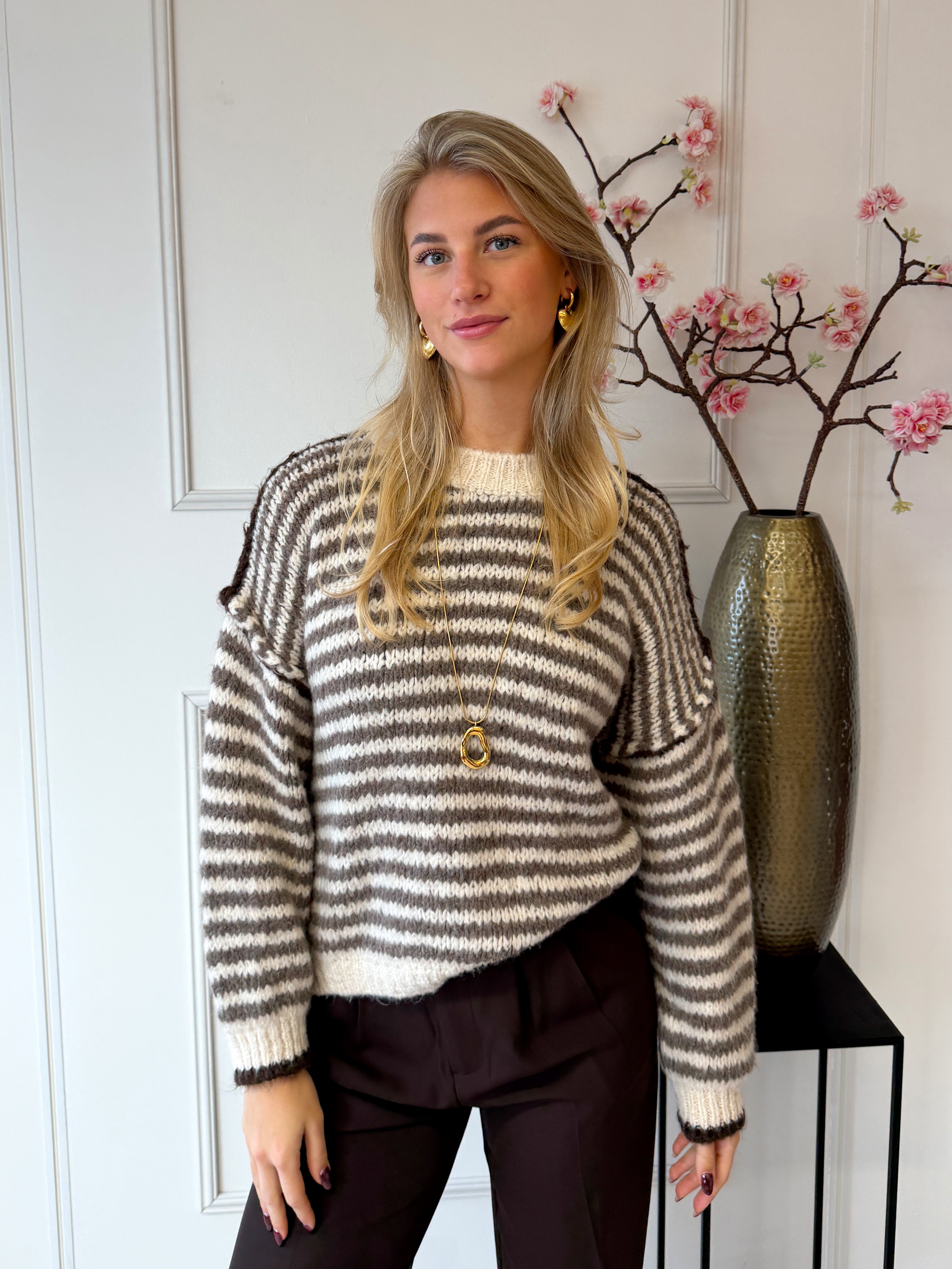 Cosy Striped Sweater | Bruin - Beige