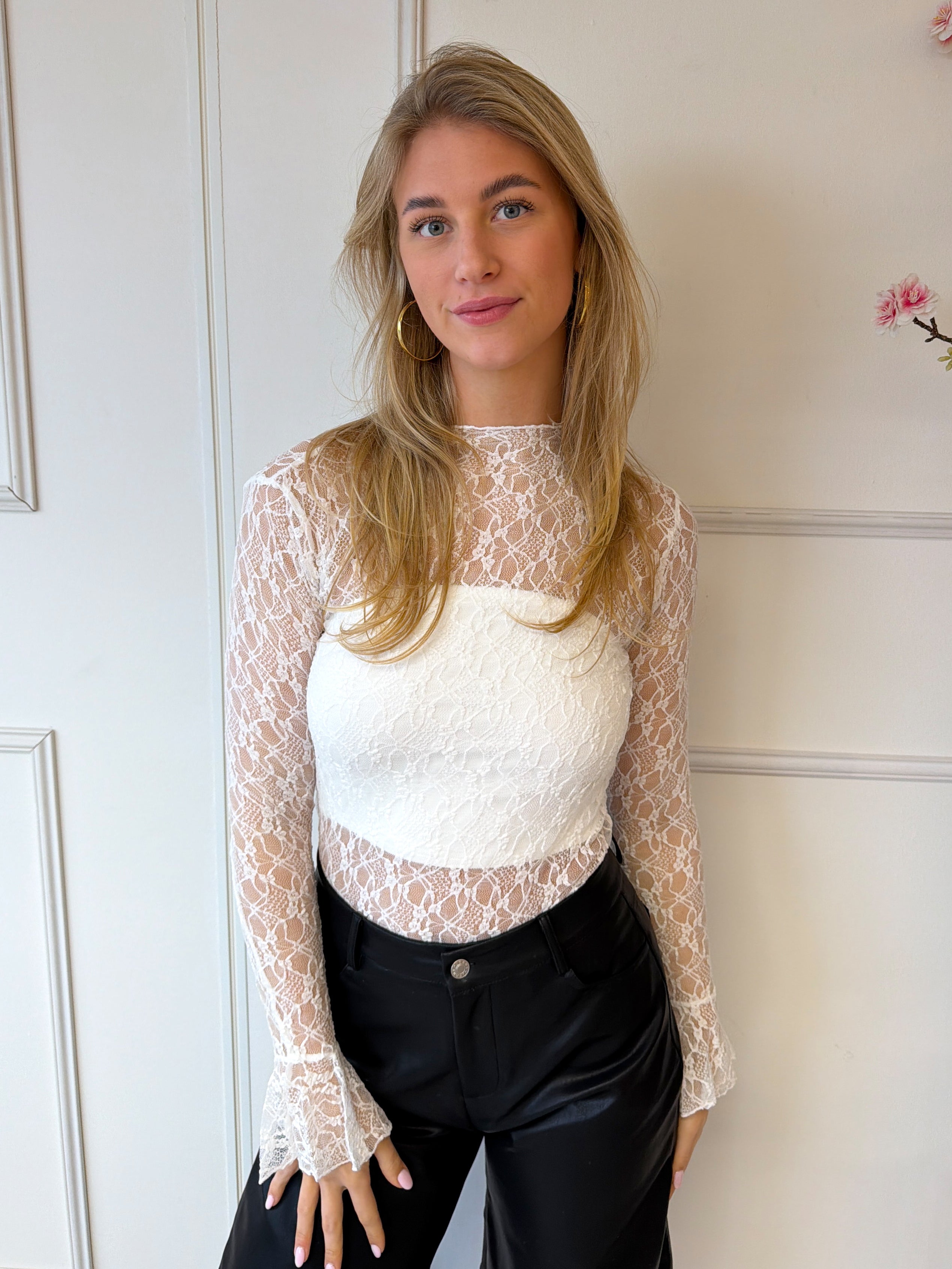 Kanten Top Flared Mouw | Wit