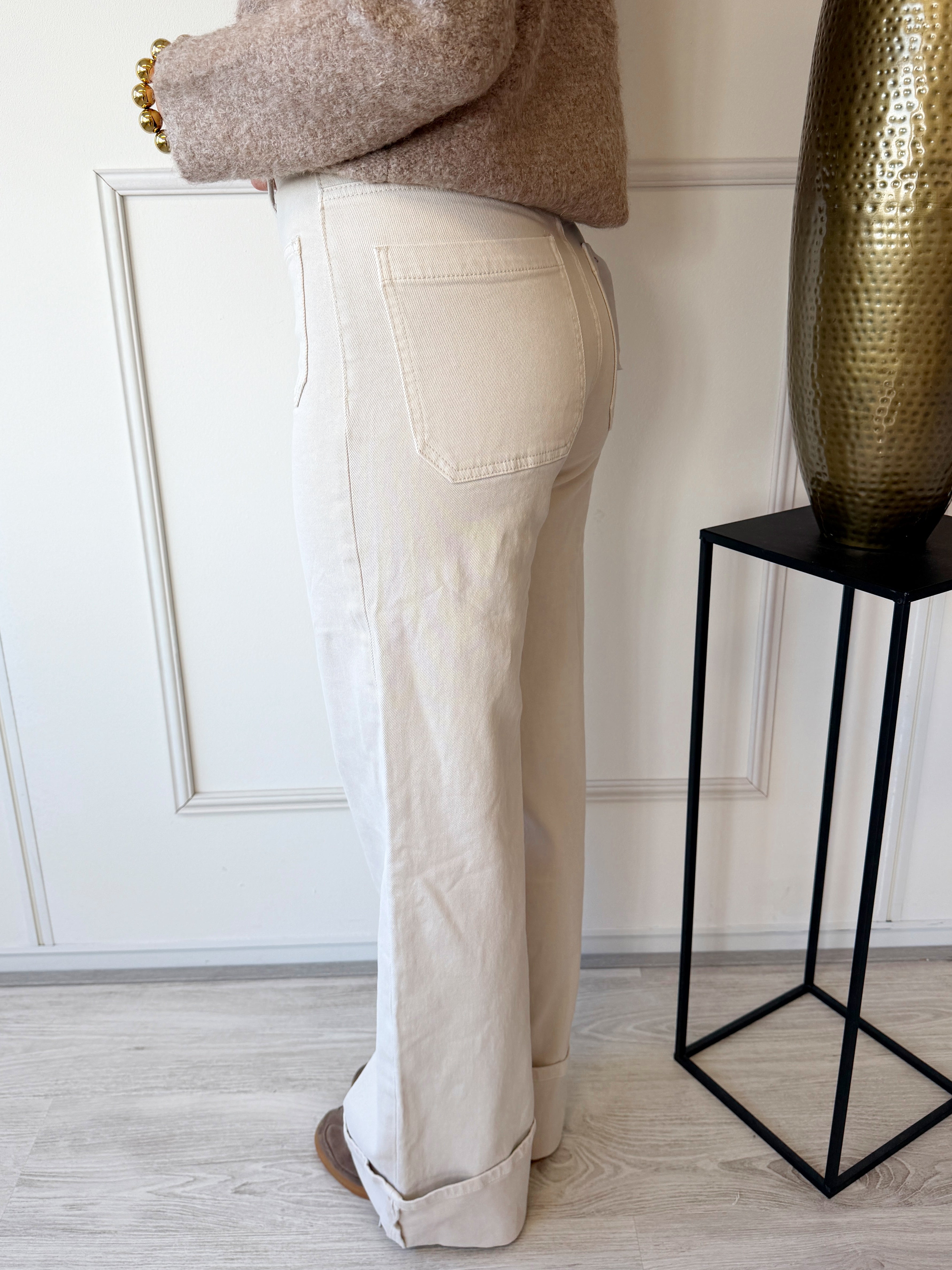 Wide Leg Front Pocket Cuff Jeans | Beige