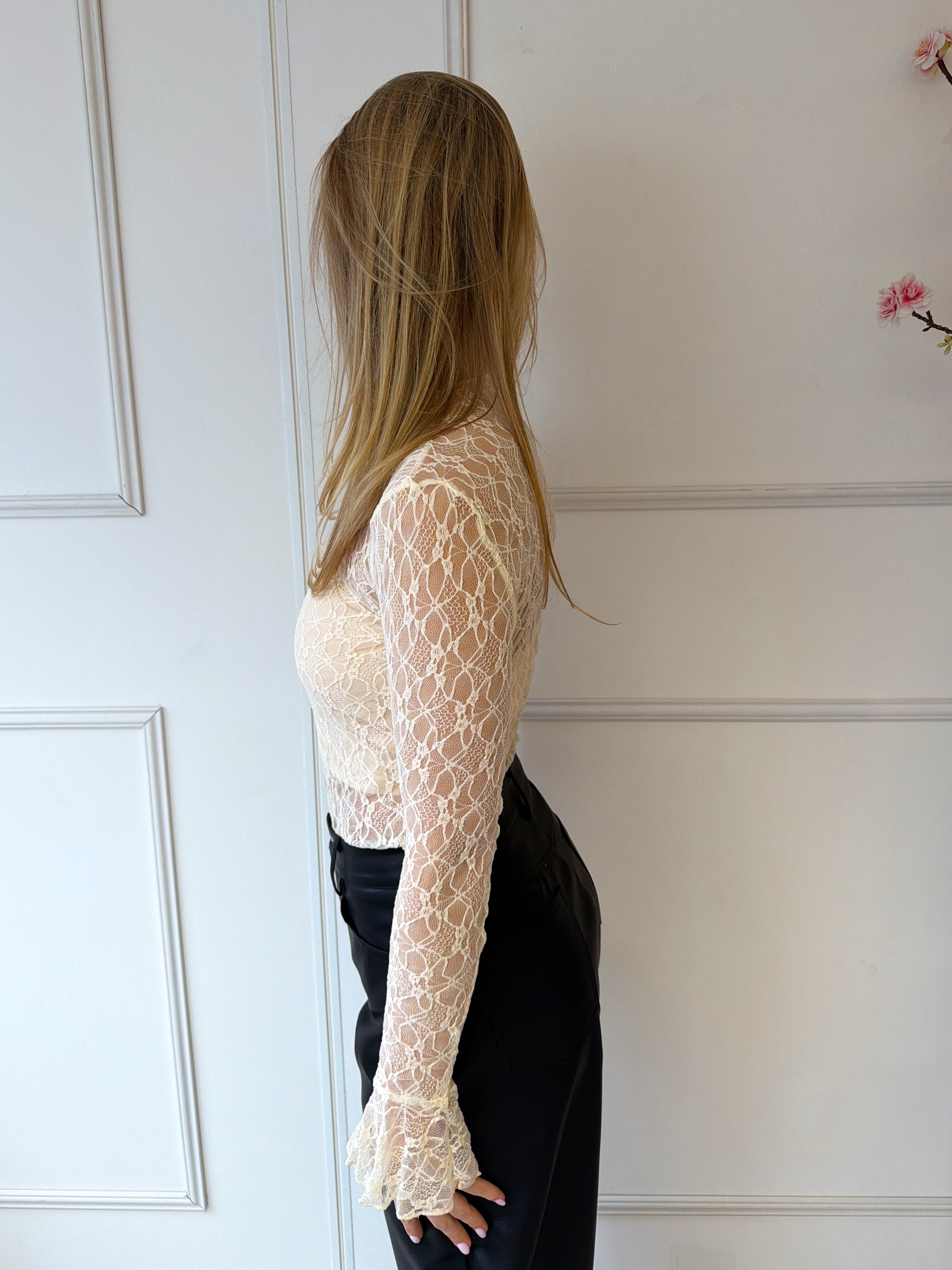 Kanten Top Flared Mouw | Beige