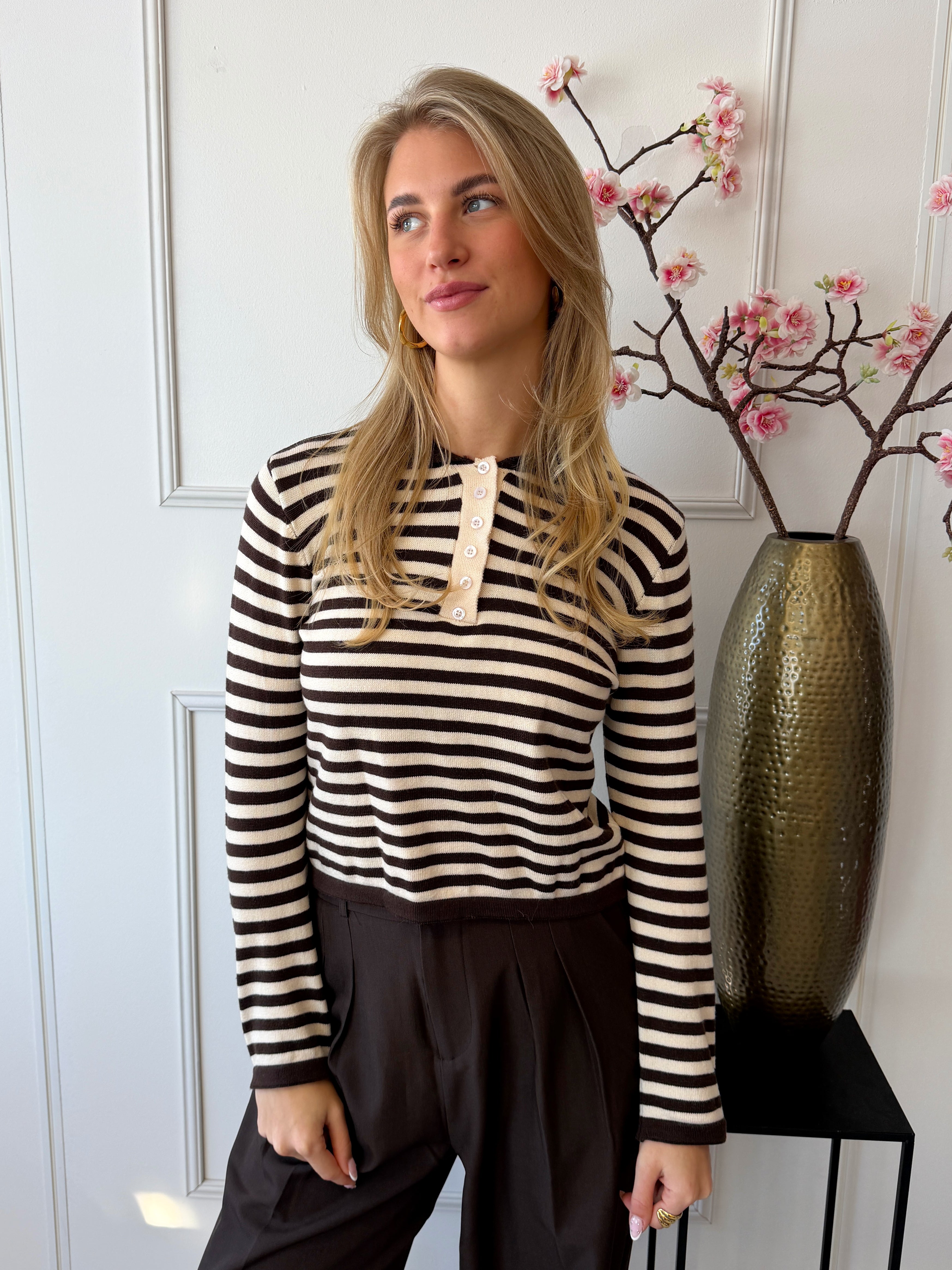 Lotte Striped Top | Bruin - Ecru