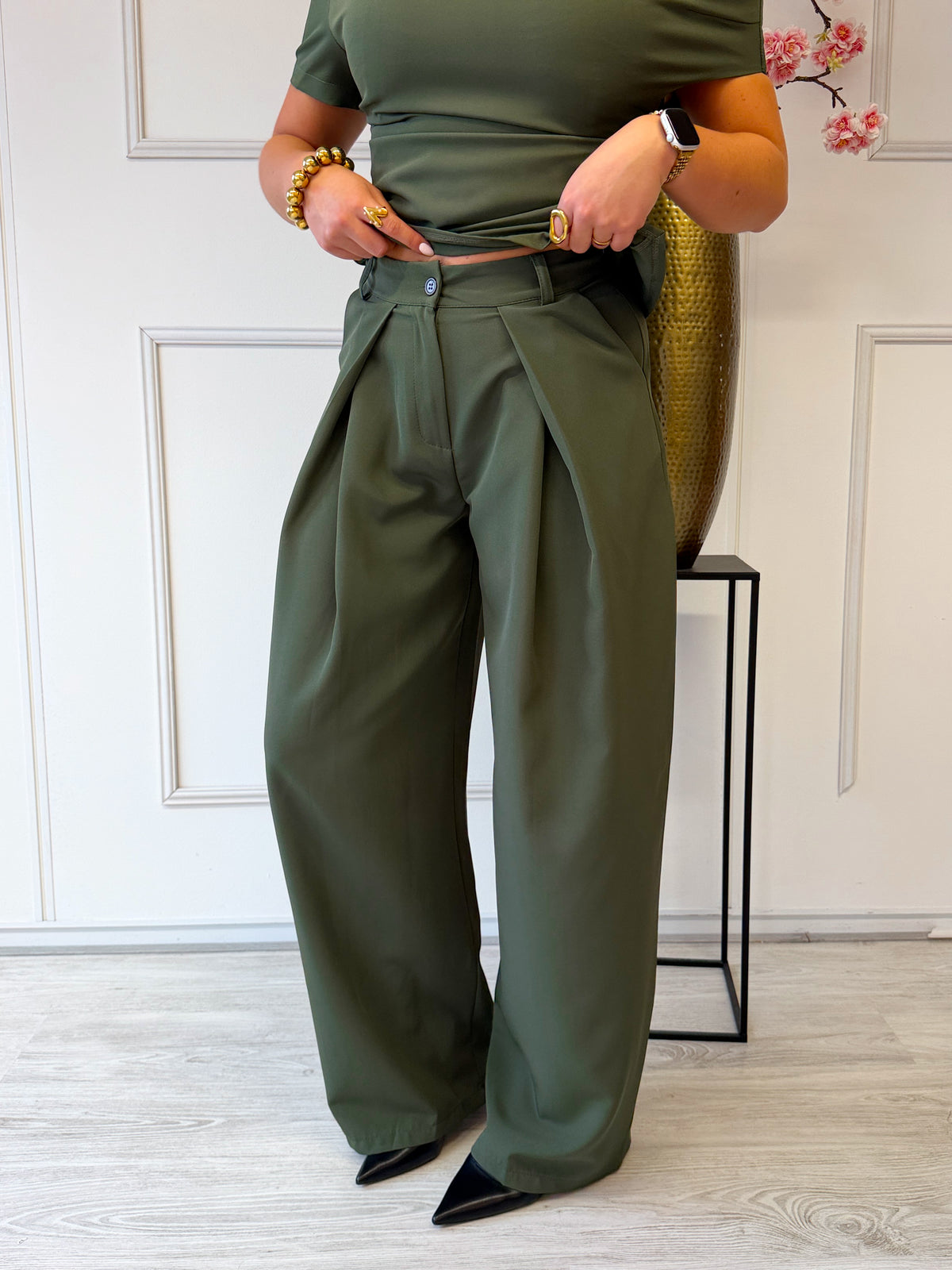 Wide Leg pantalon met plooien | Khaki