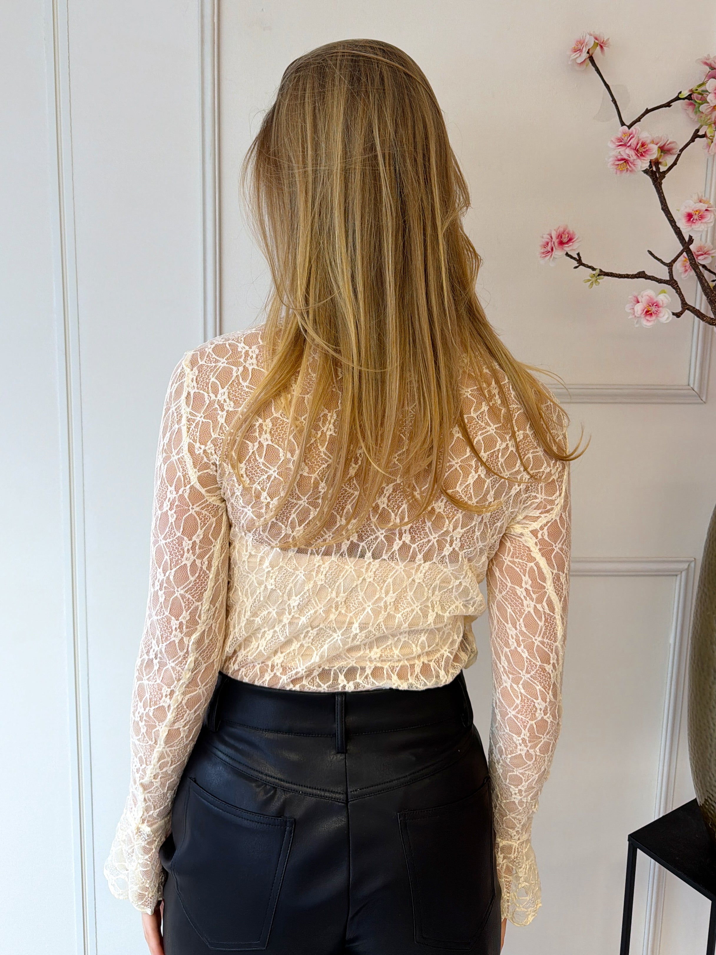 Kanten Top Flared Mouw | Beige