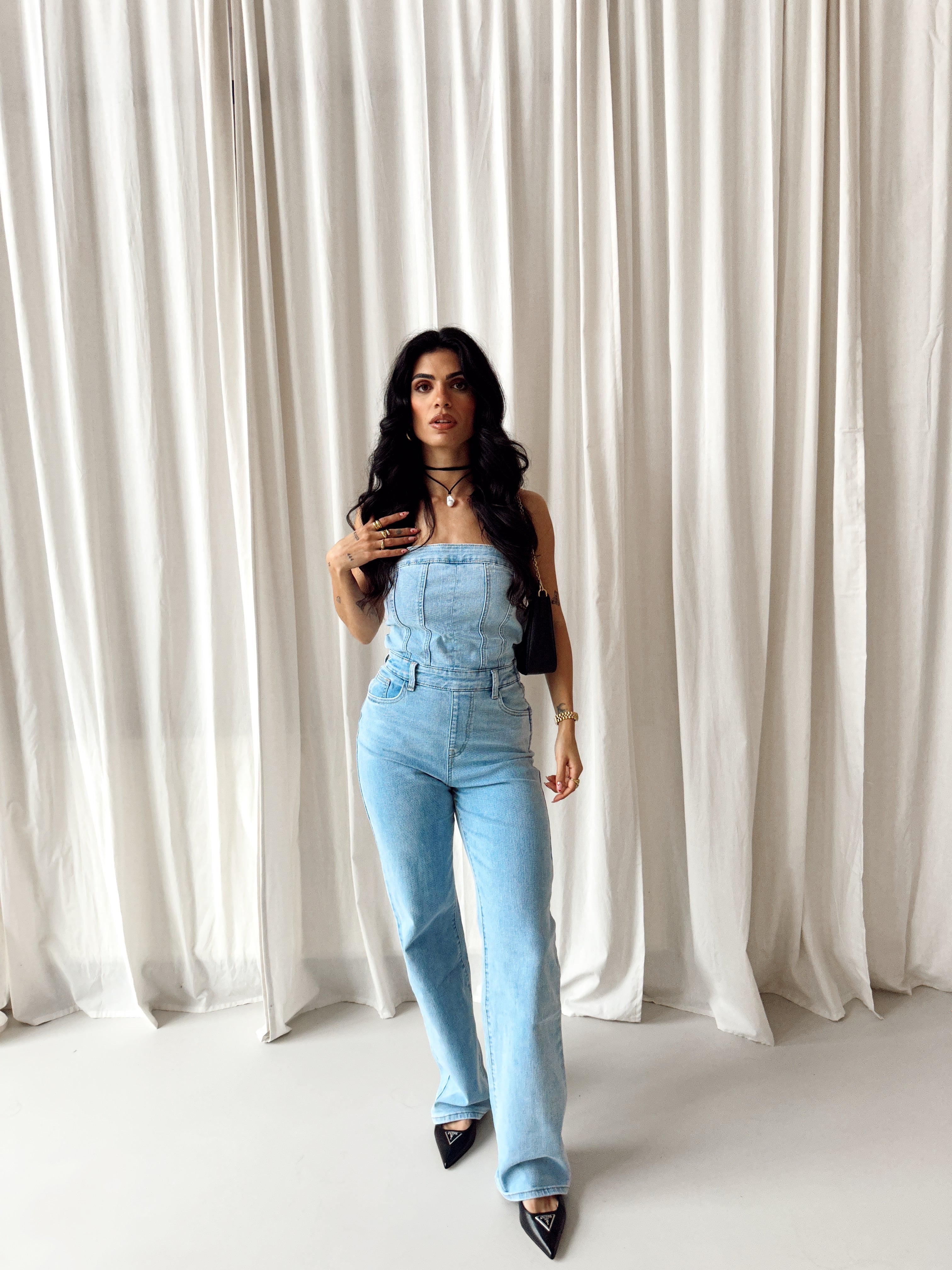 Denim Off The Shoulder Mara Jumpsuit | Blauw