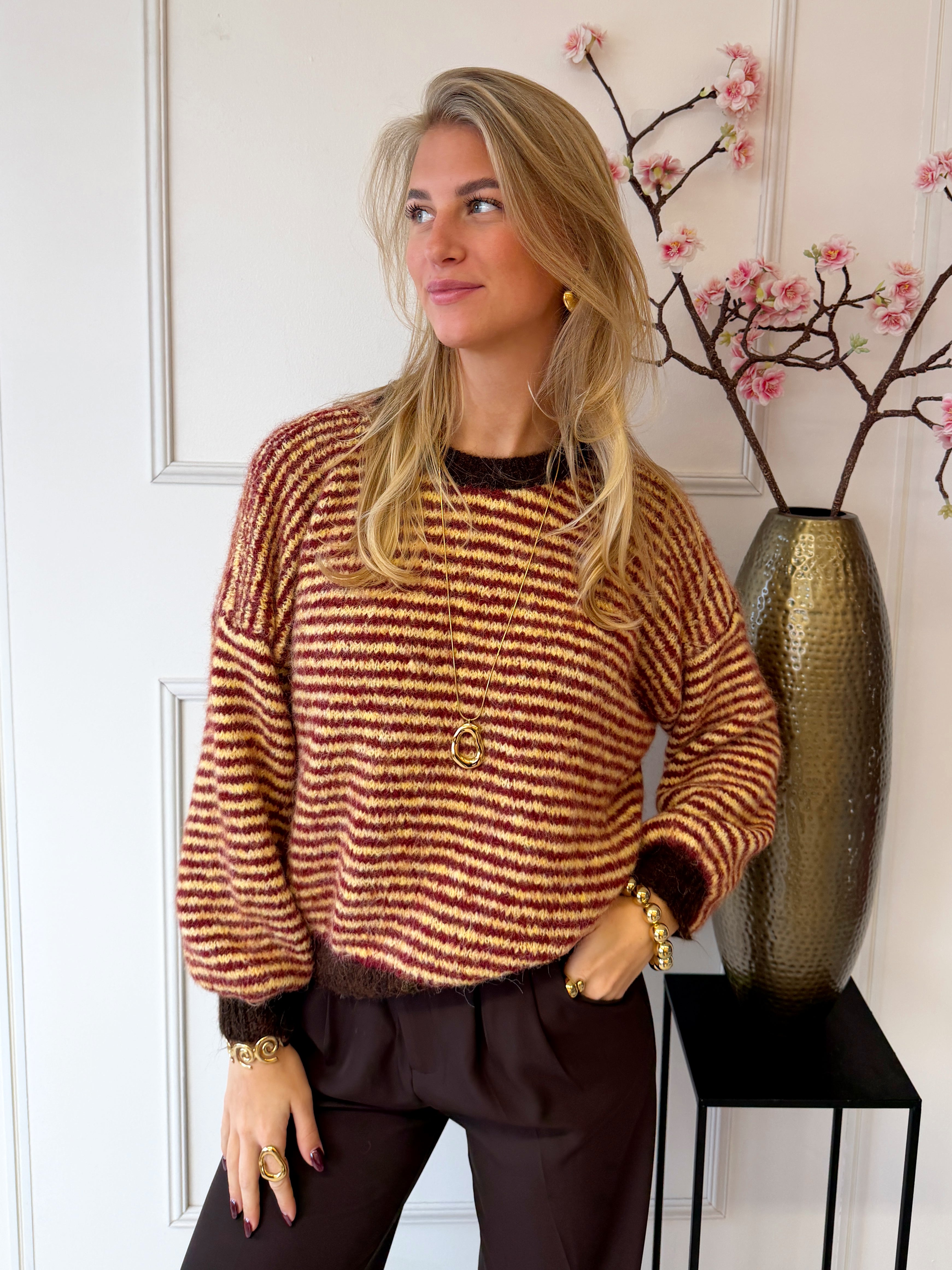 Chastar Striped Sweater | Burgundy - Geel