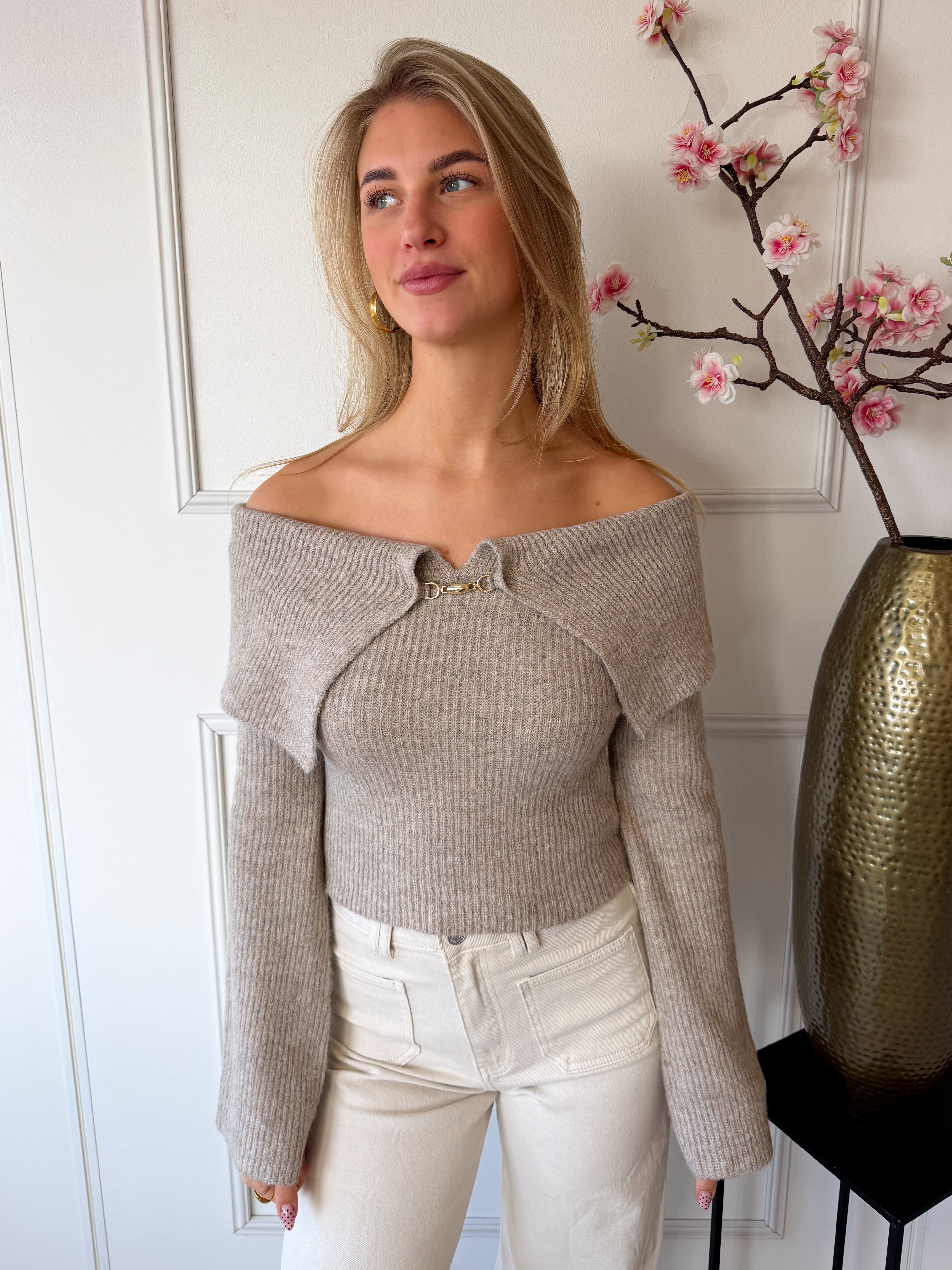 Kim Off Shoulder Trui | Taupe