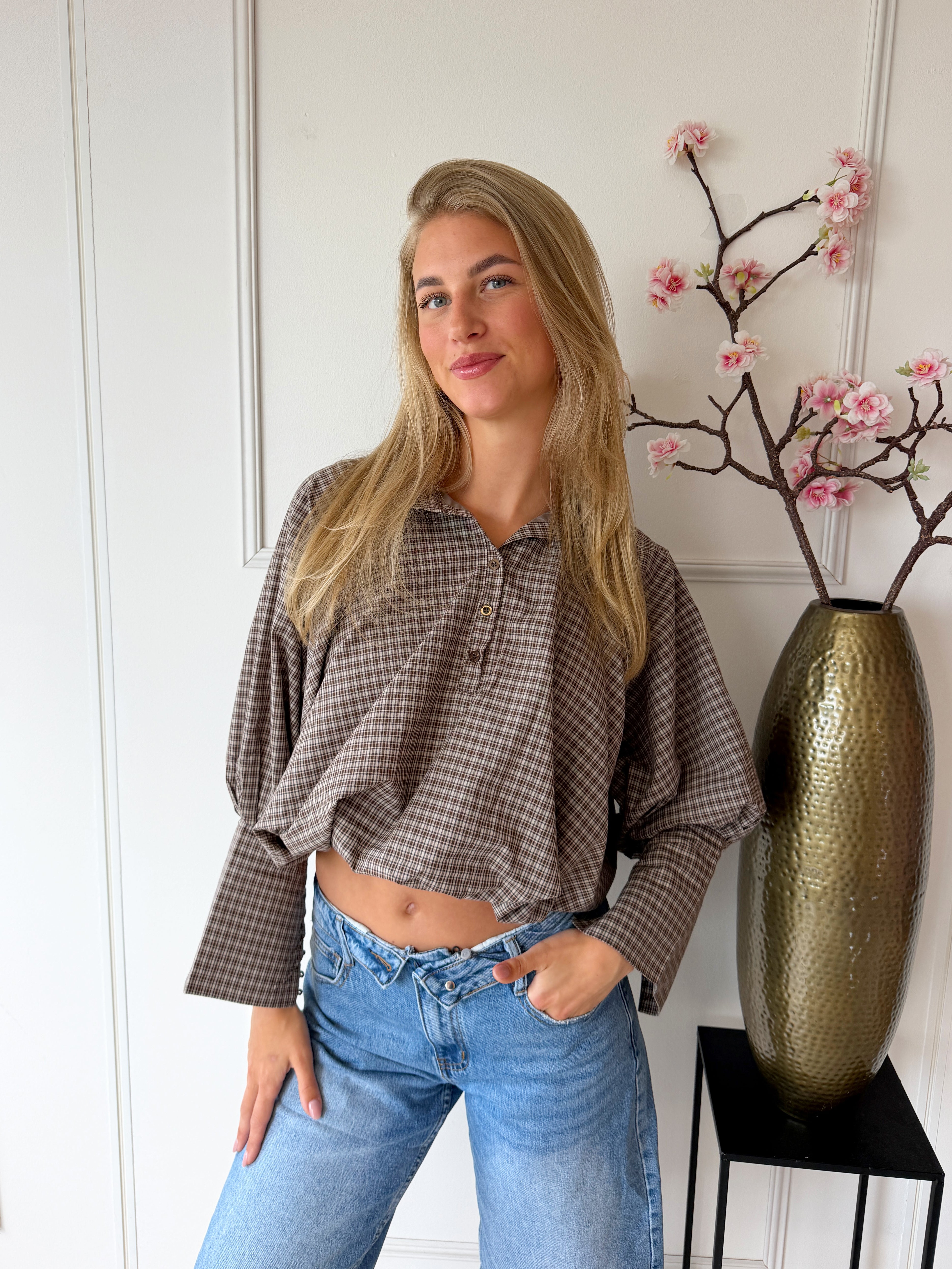 Eliza Geruite blouse met strikdetail | Bruin