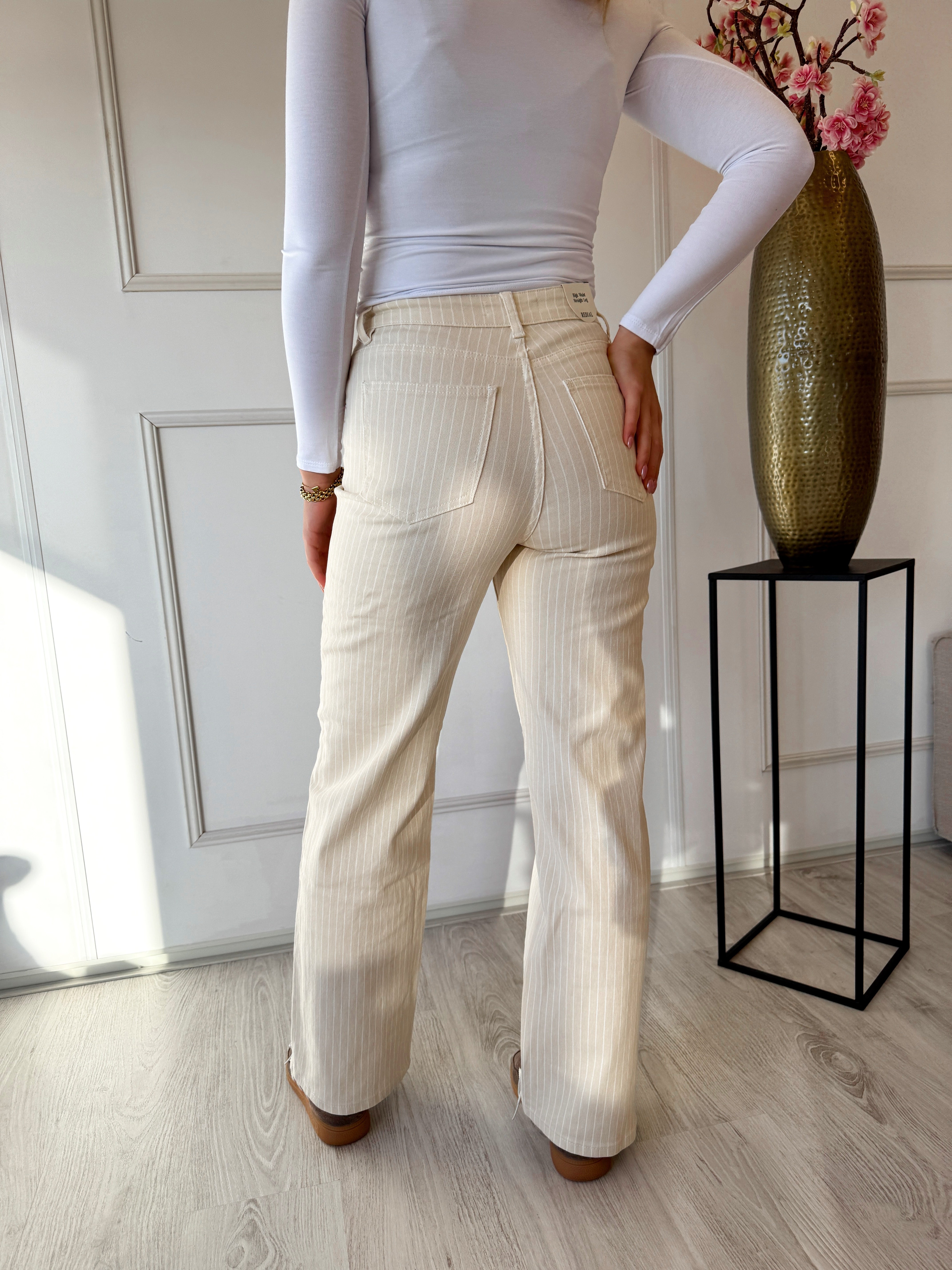 Straight Leg Striped Denim Pants | Beige