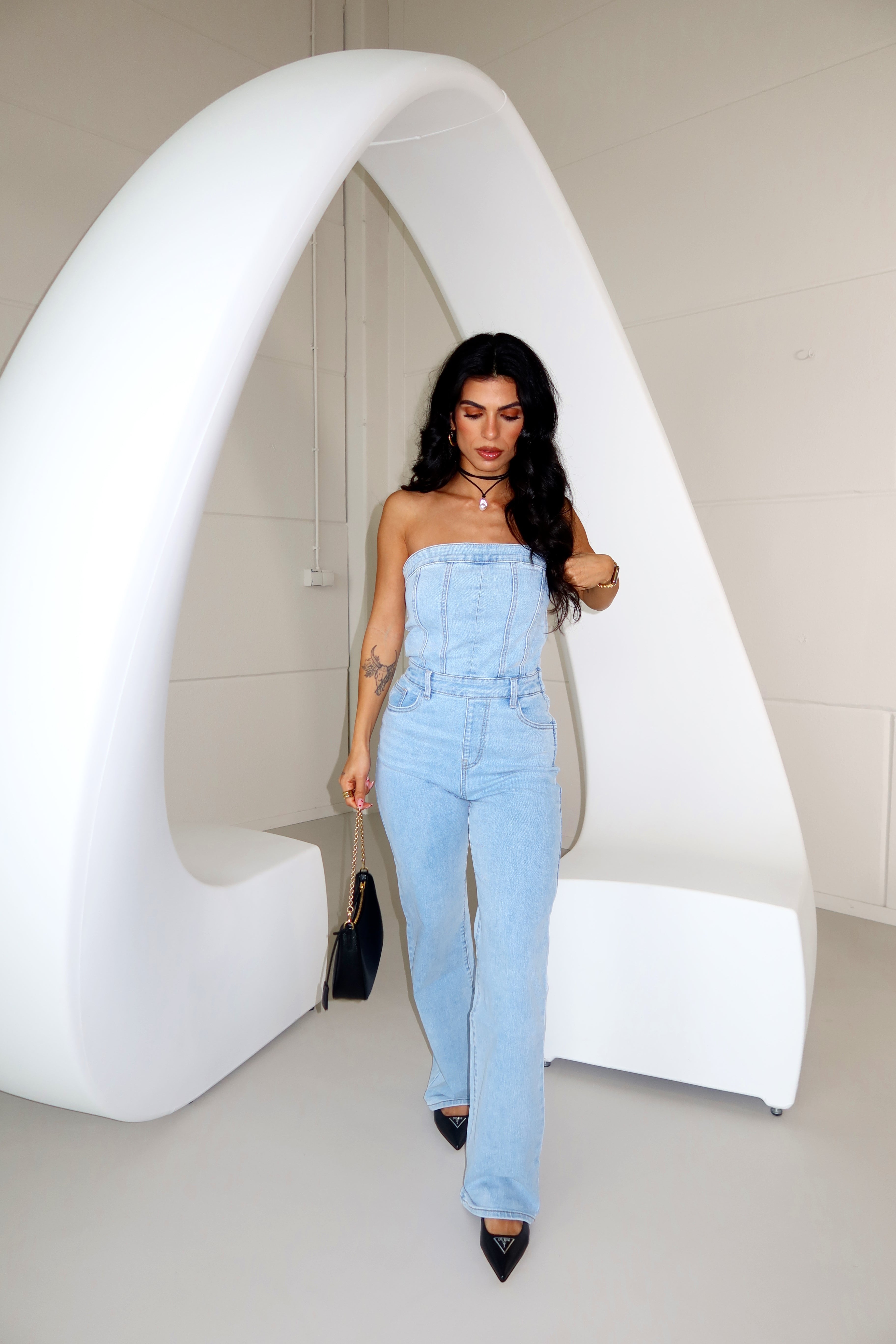 Denim Off The Shoulder Mara Jumpsuit | Blauw