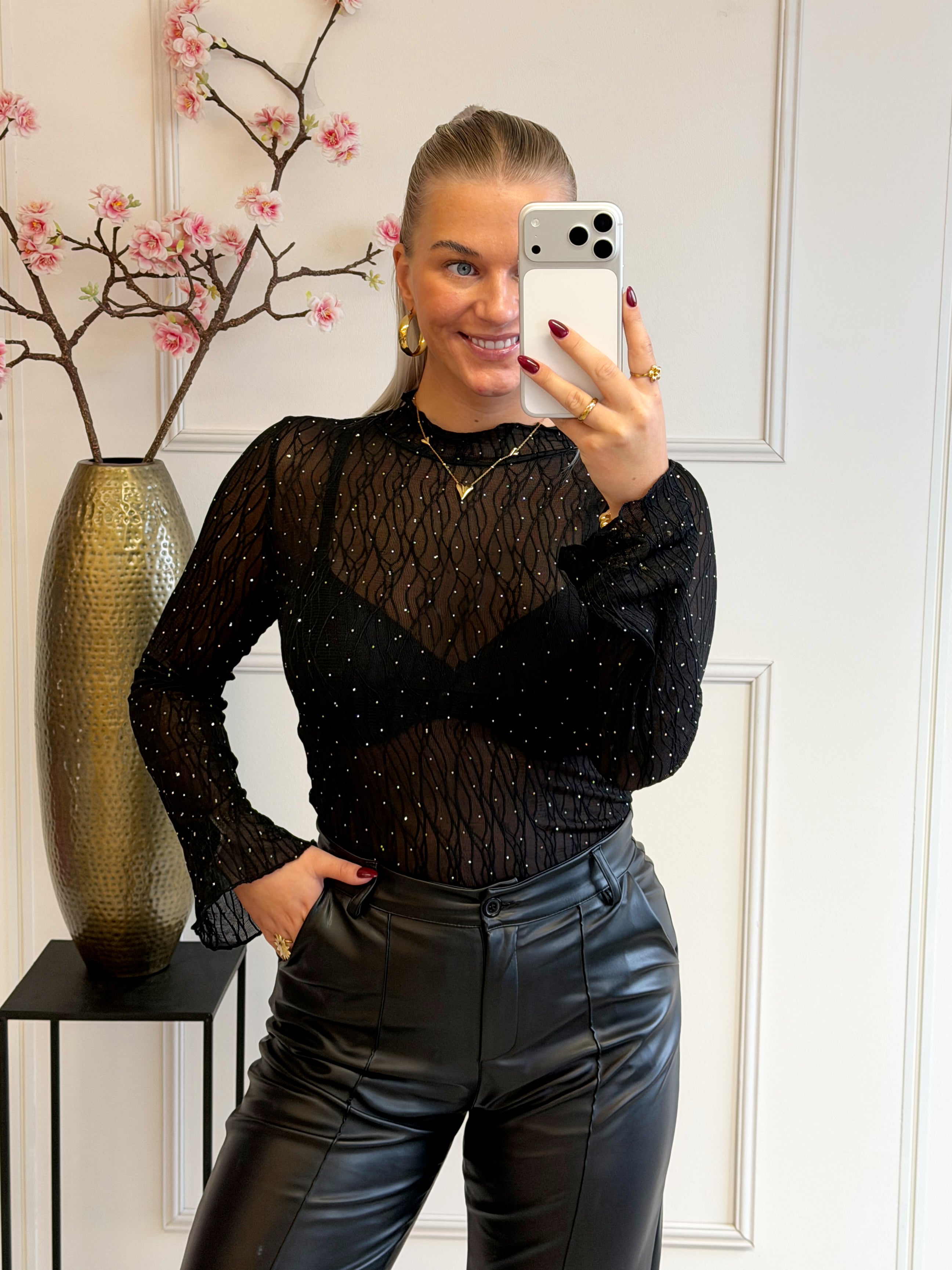 Mesh Top met diamantjes | Zwart