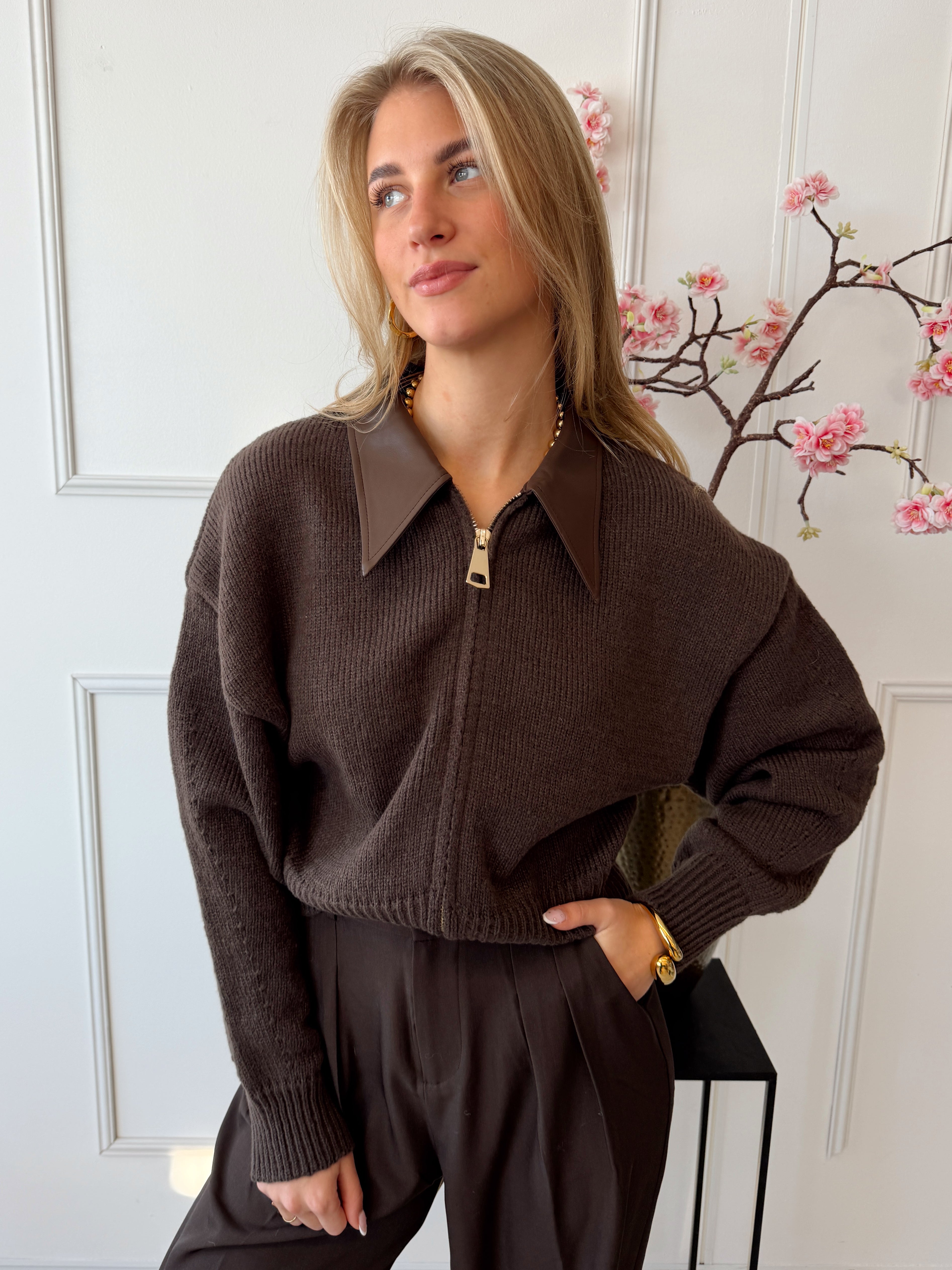 Jade Trui met Leatherlook kraag | Bruin