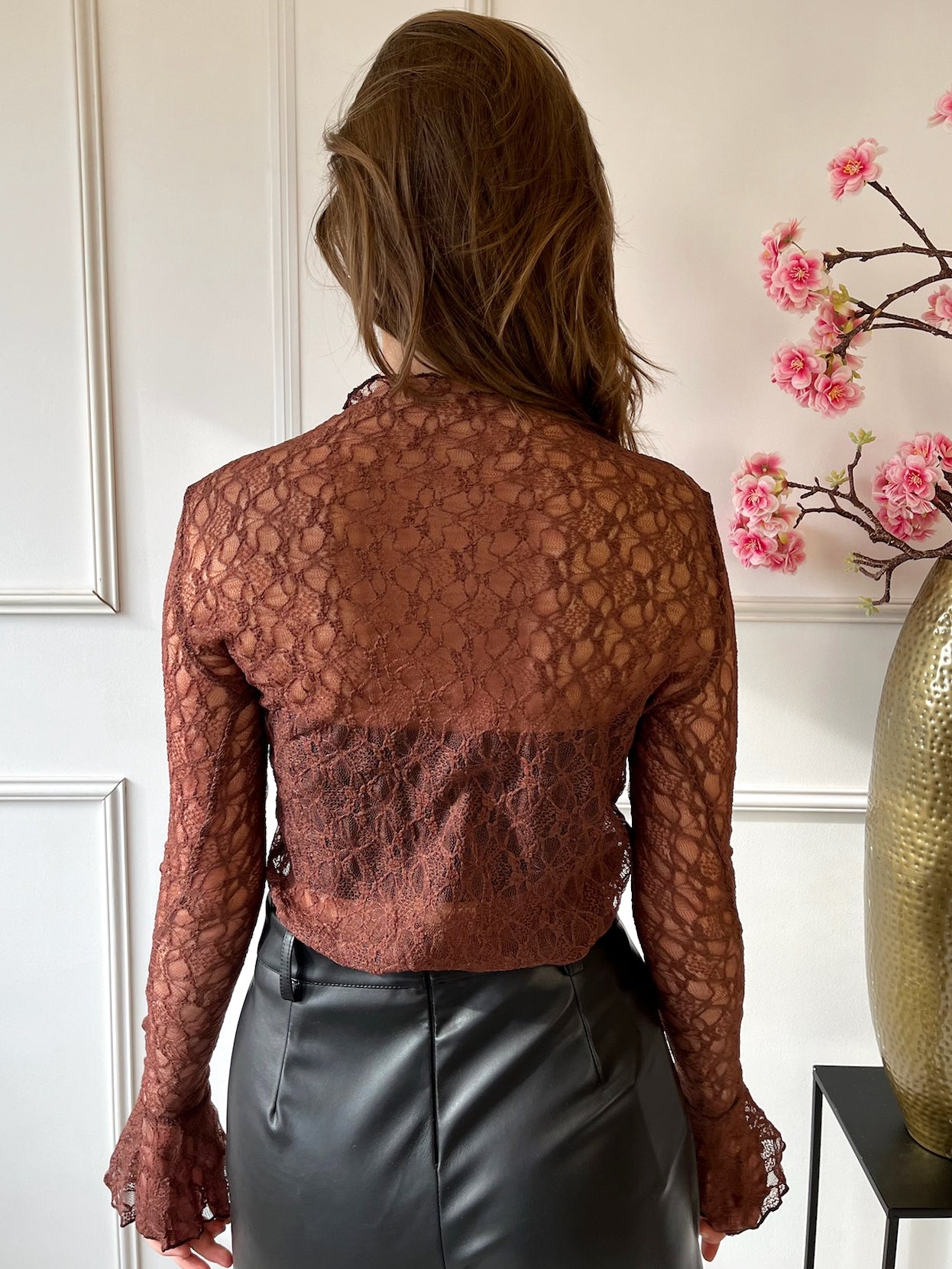 Kanten Top Flared Mouw | Bruin