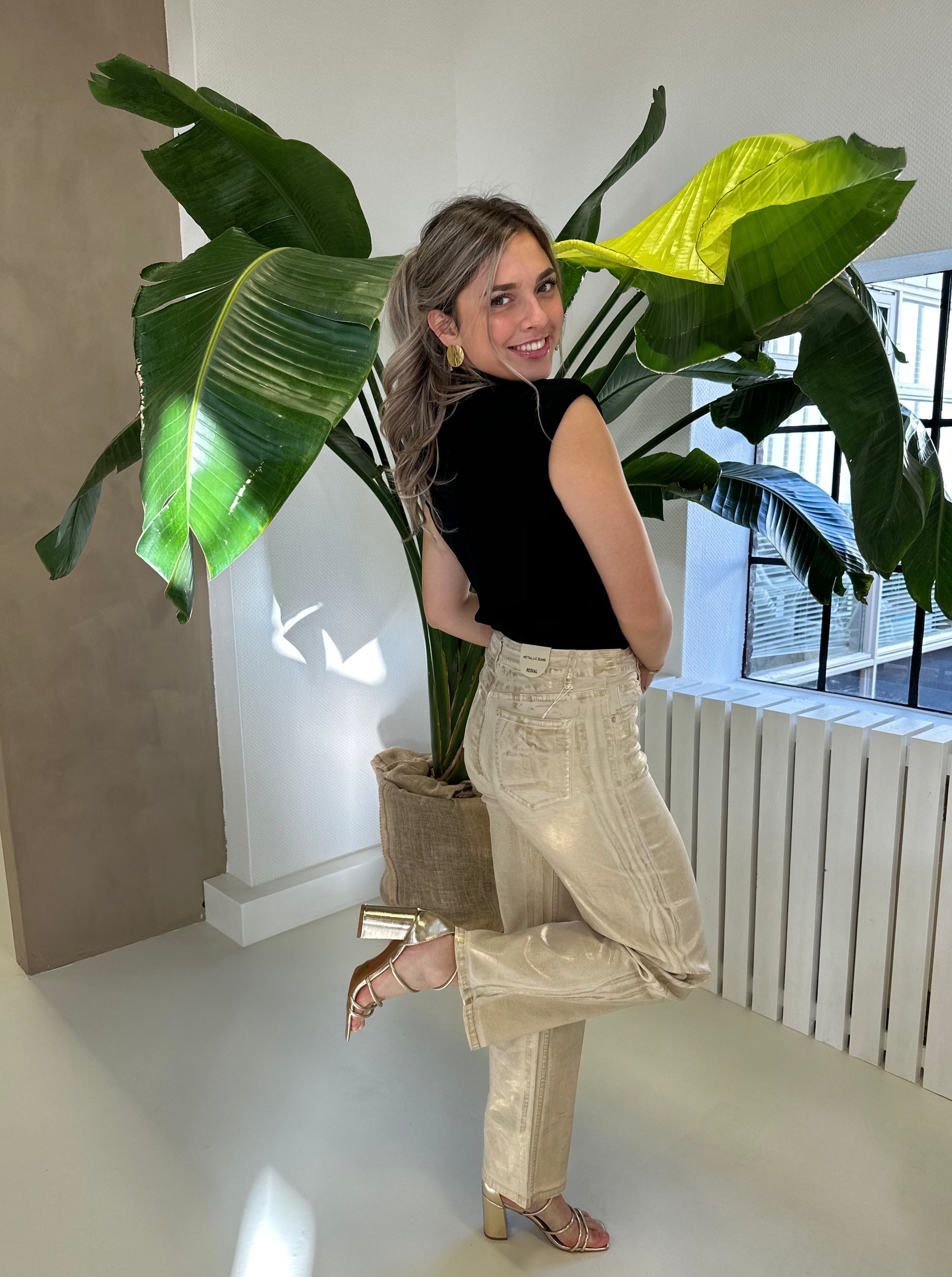 Denim Metallic Stretch Broek | Goud