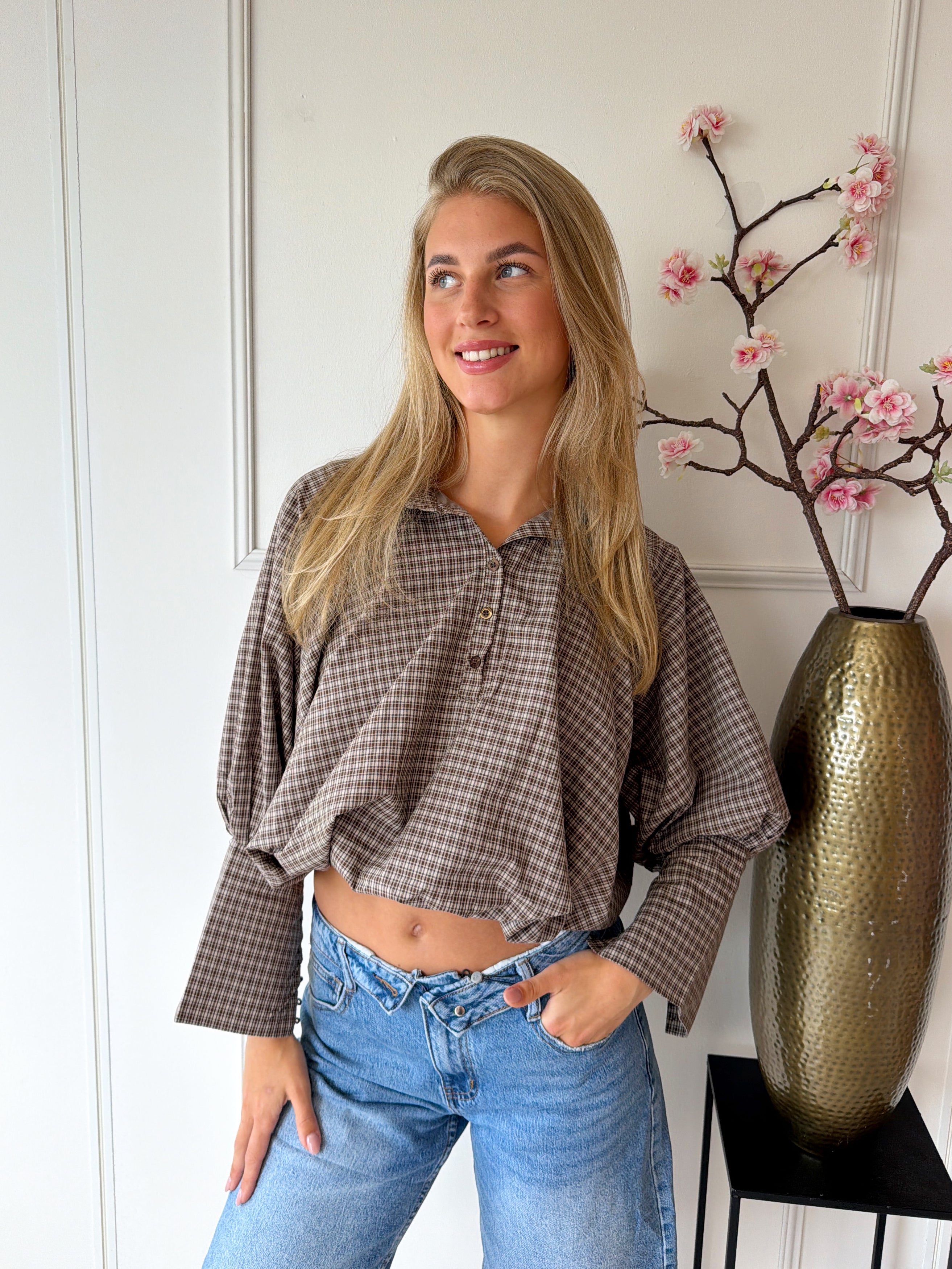 Eliza Geruite blouse met strikdetail | Bruin