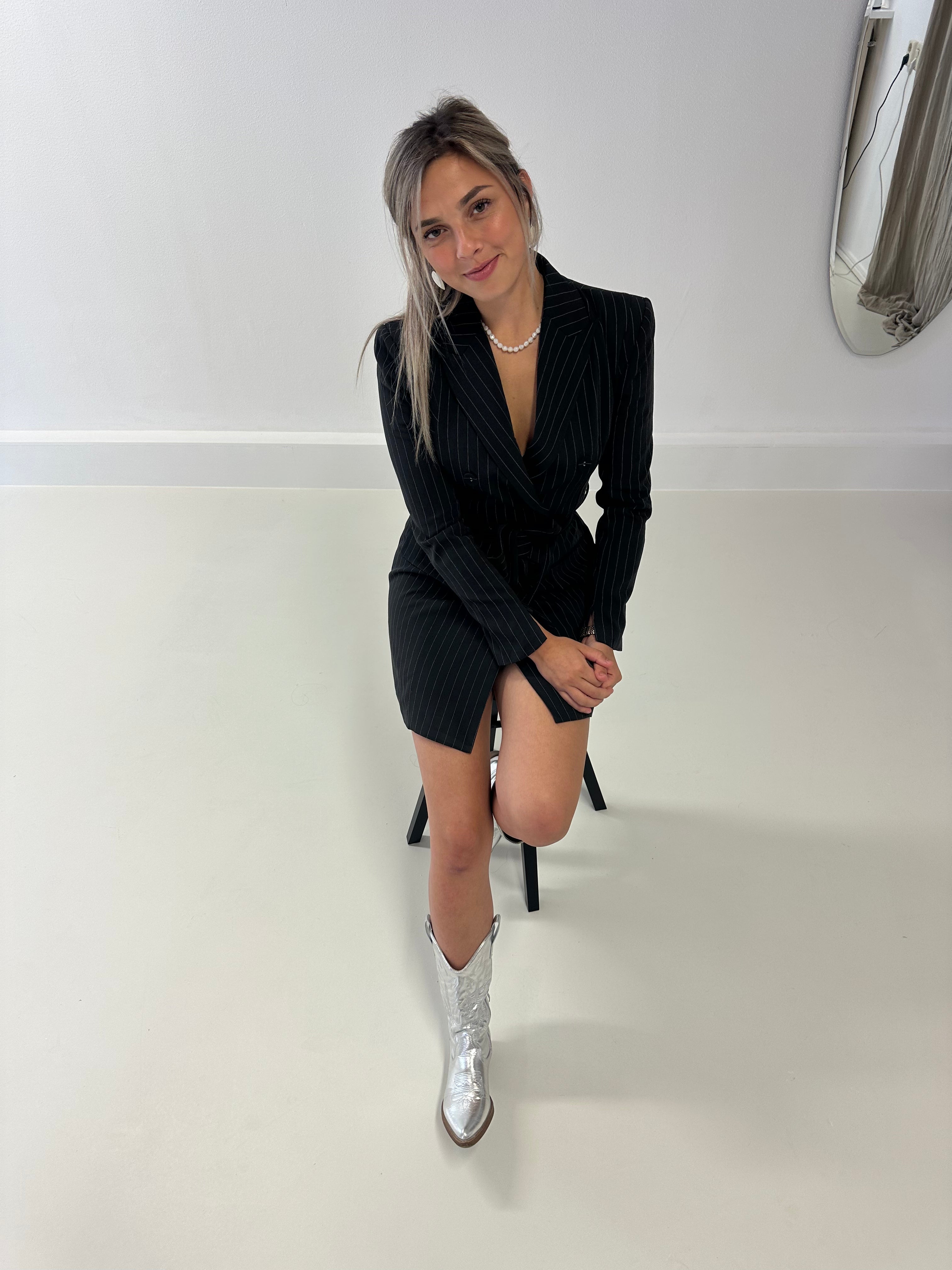 Pinstripe Blazer Jurkje | Zwart