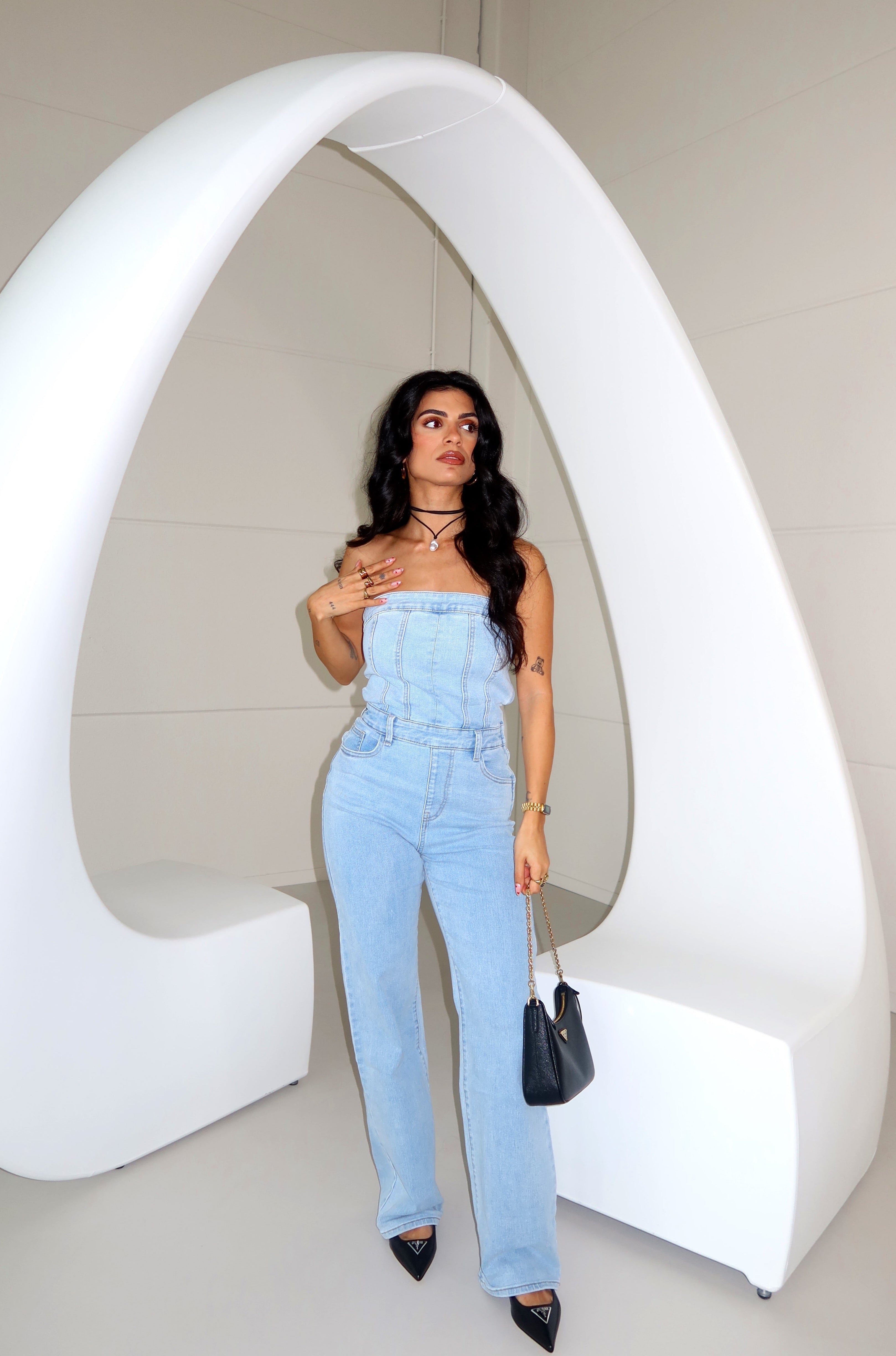 Denim Off The Shoulder Mara Jumpsuit | Blauw