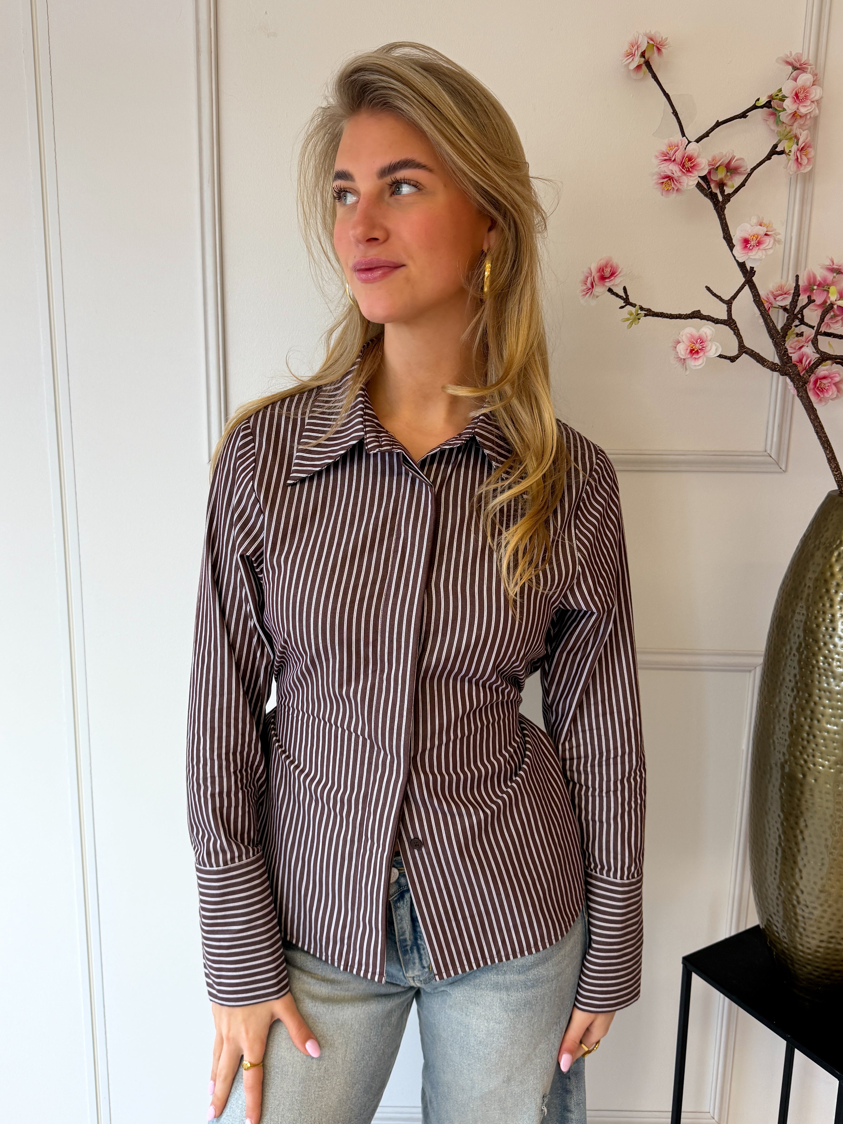 Striped Blouse met strik detail | Bruin