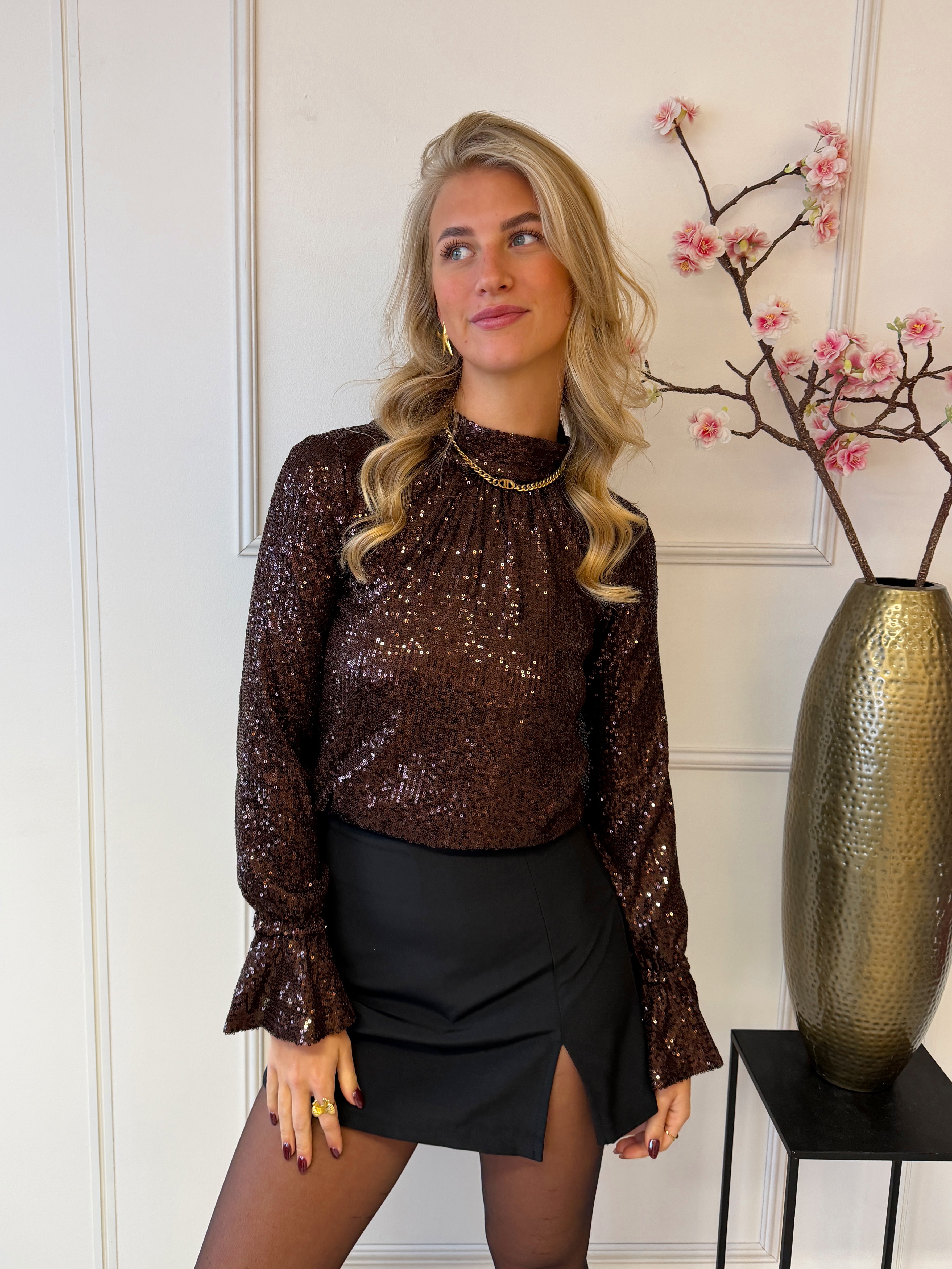Glitter Waterval Top | Bruin