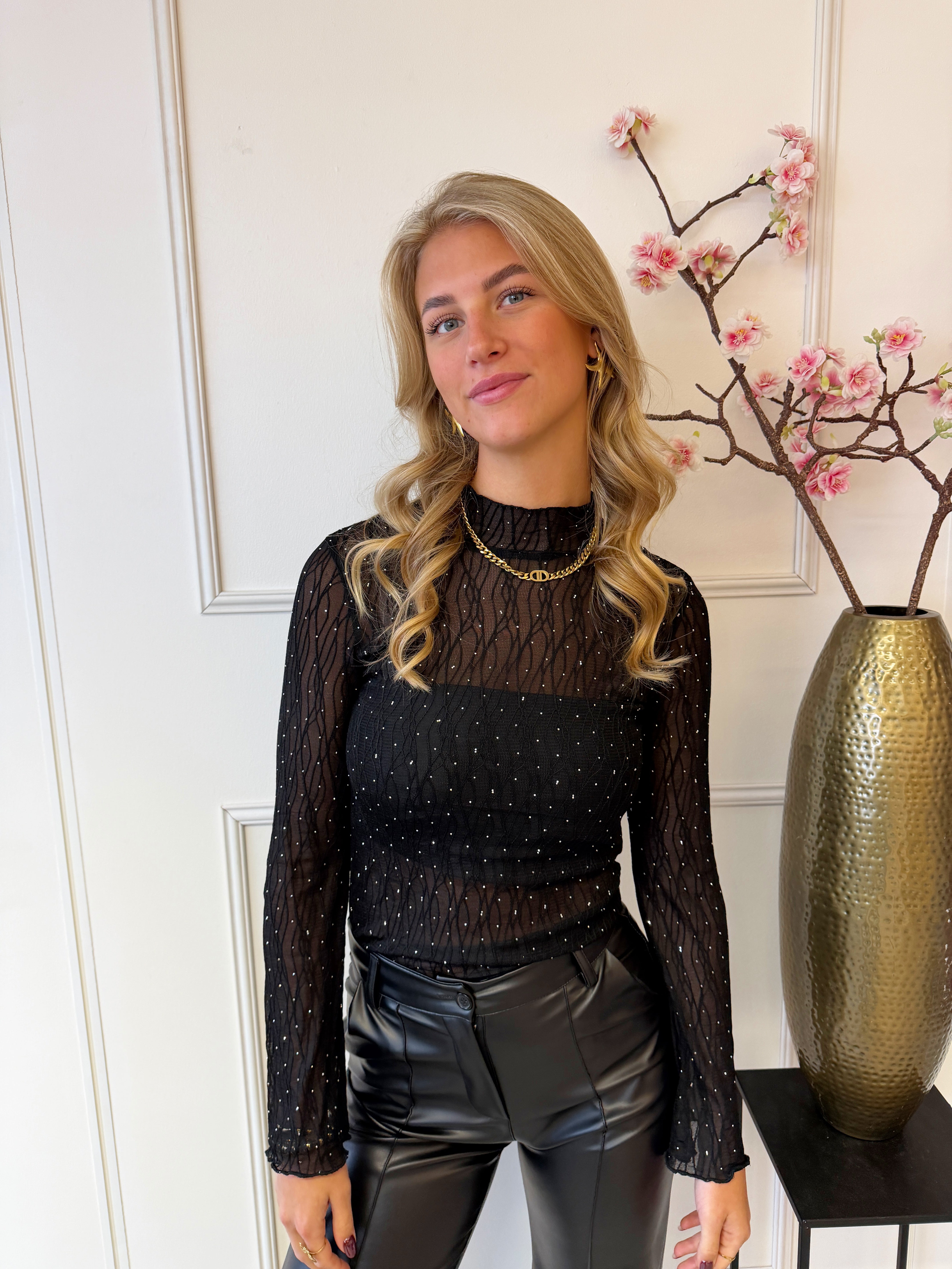 Mesh Top met diamantjes | Zwart