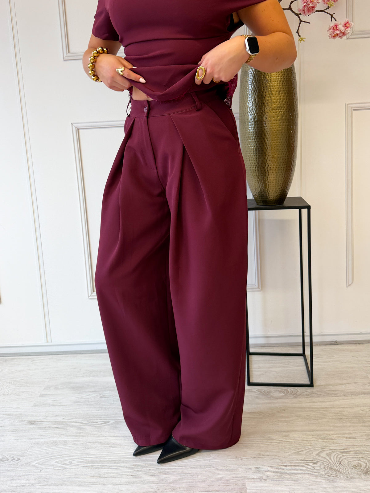 Wide Leg pantalon met plooien | Dark Bordeaux
