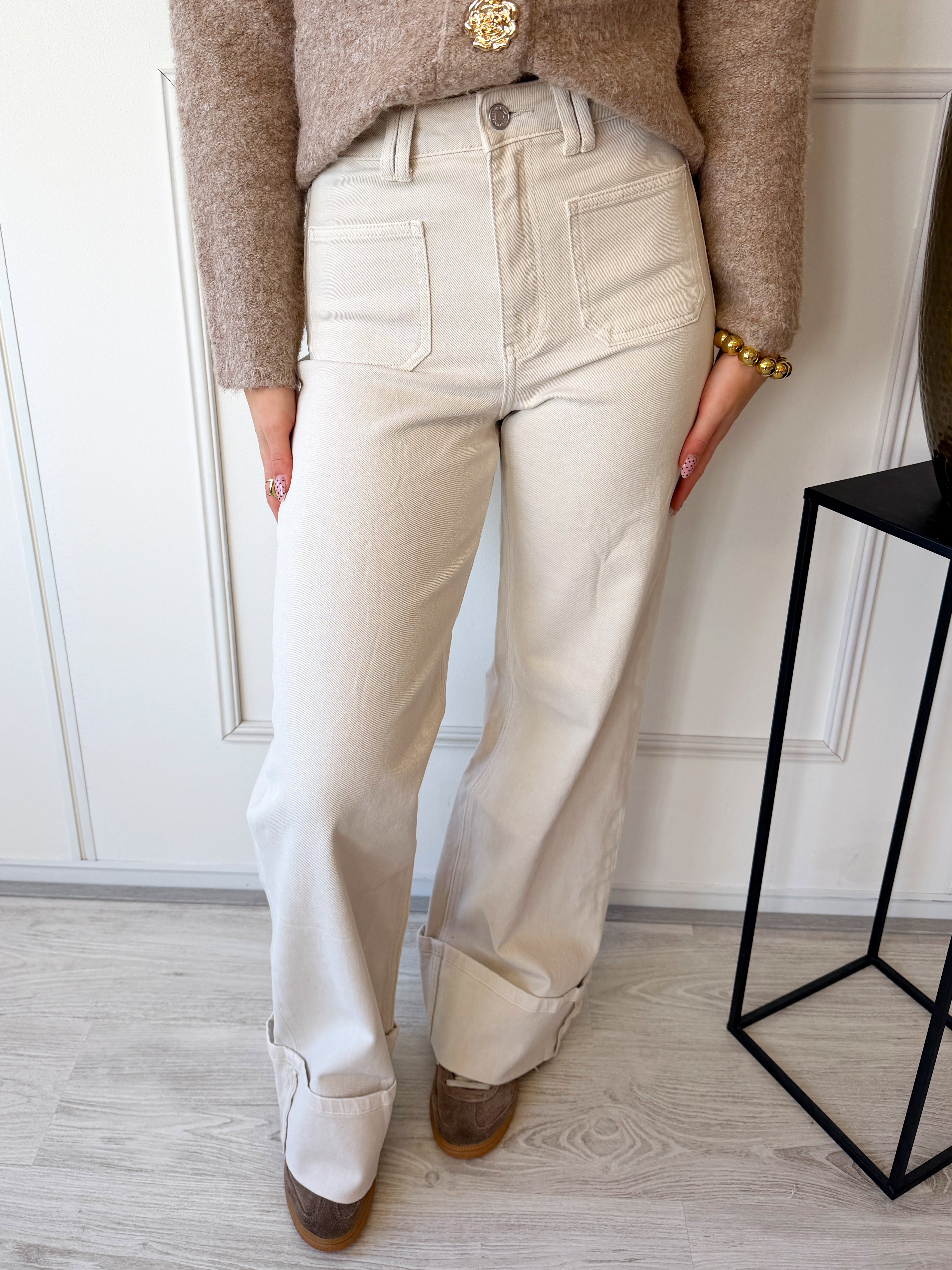 Wide Leg Front Pocket Cuff Jeans | Beige