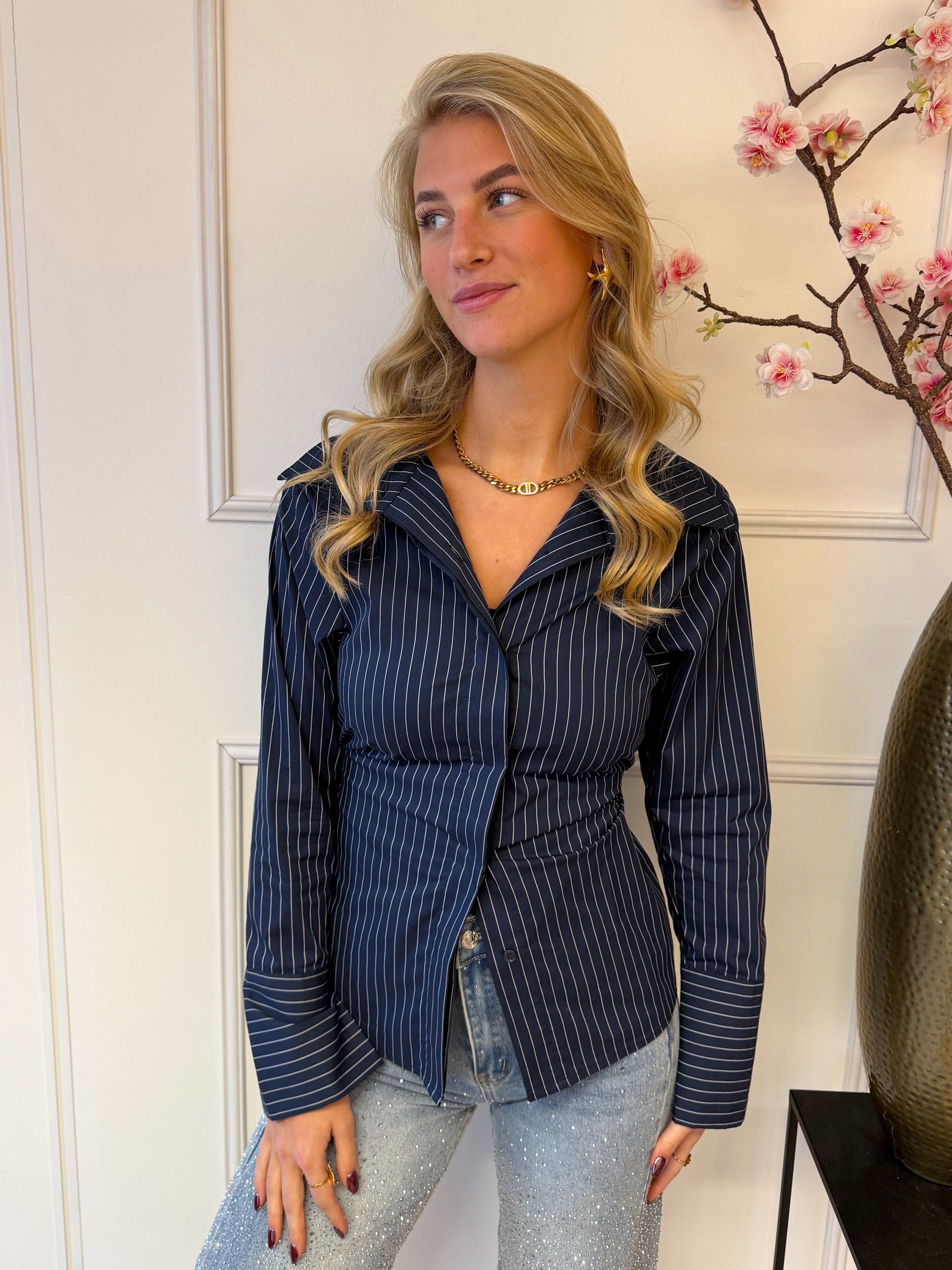 Striped Blouse met strik detail | Navy blauw