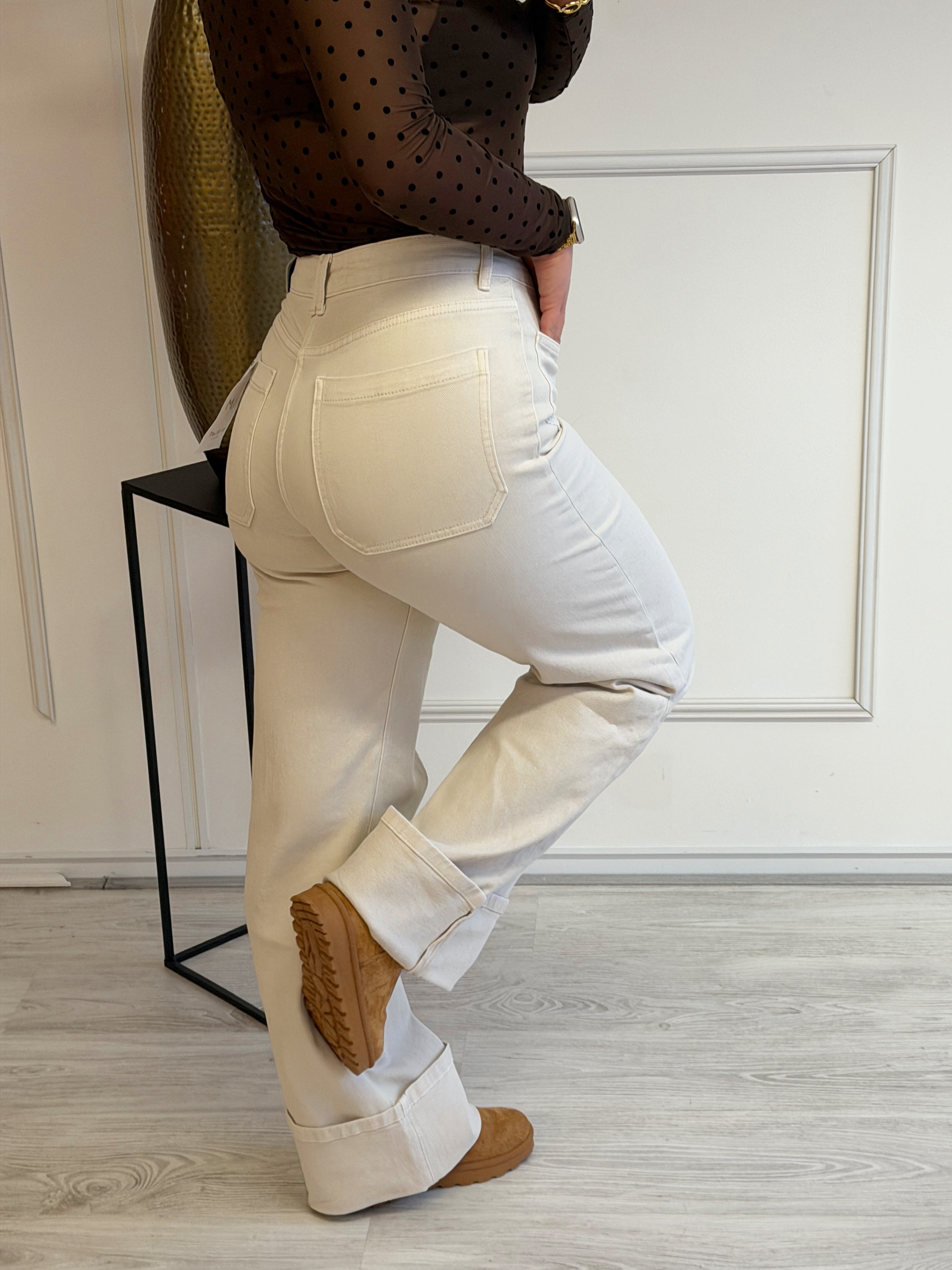 Wide Leg Front Pocket Cuff Jeans | Beige