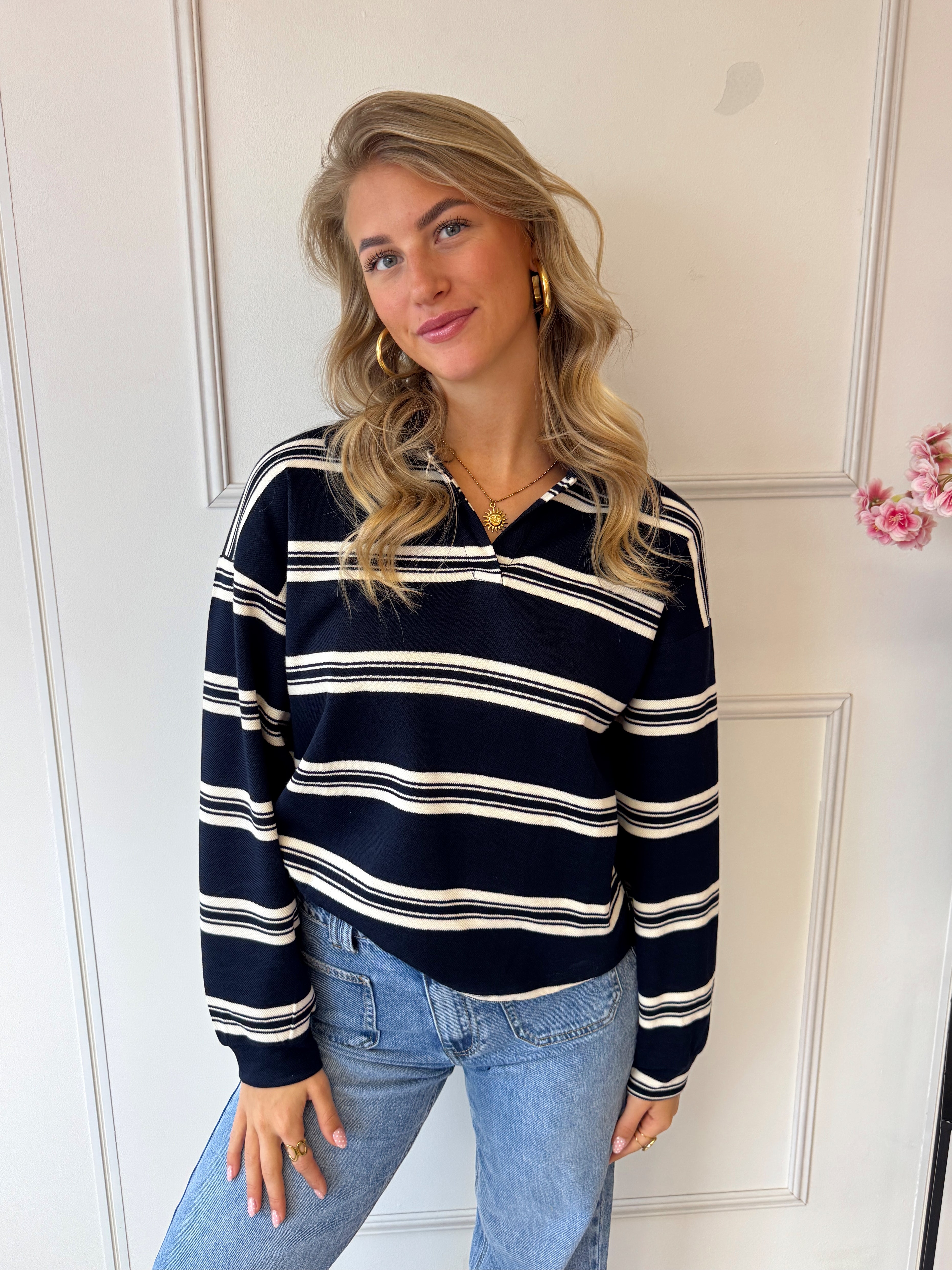 Striped Polo Trui | Navy Blauw