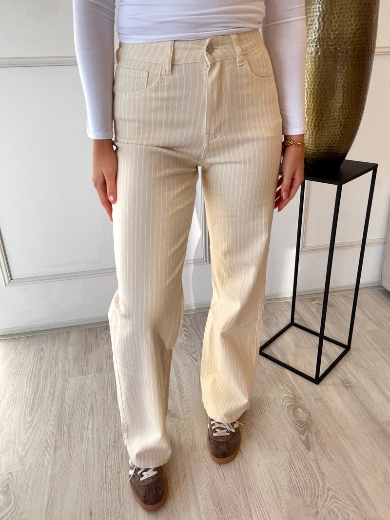 Straight Leg Striped Denim Pants | Beige