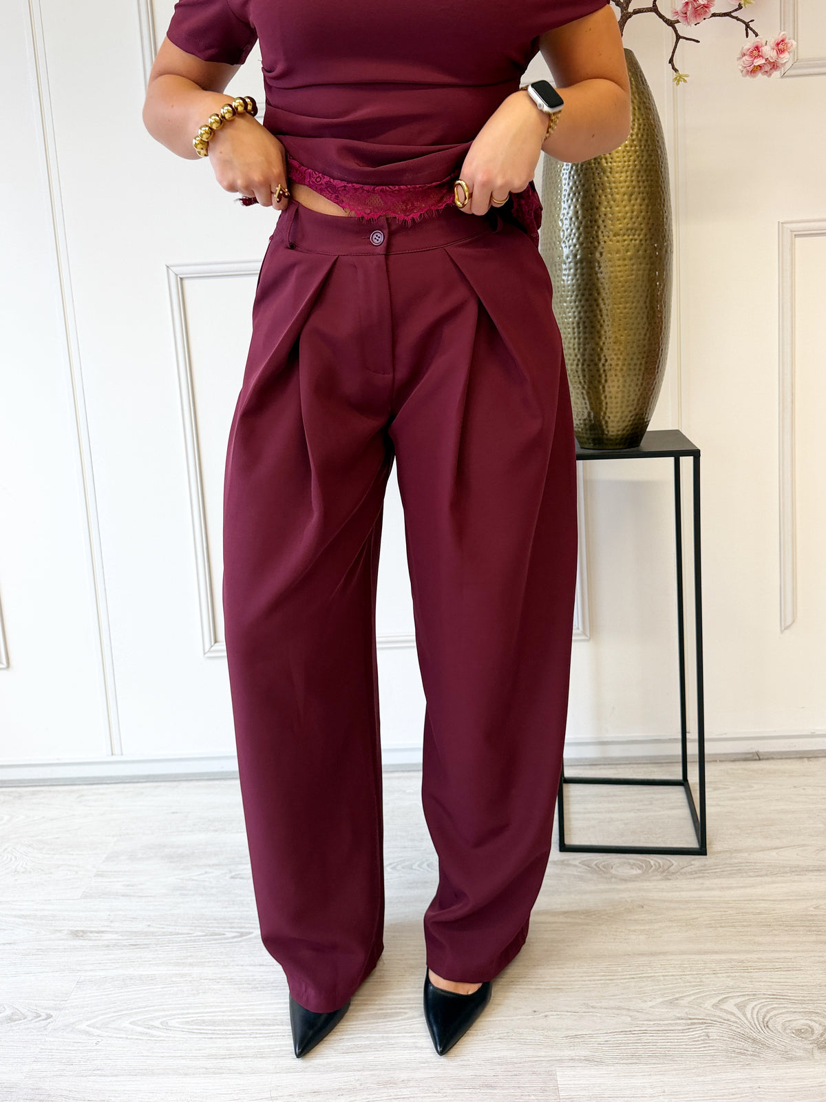 Wide Leg pantalon met plooien | Dark Bordeaux