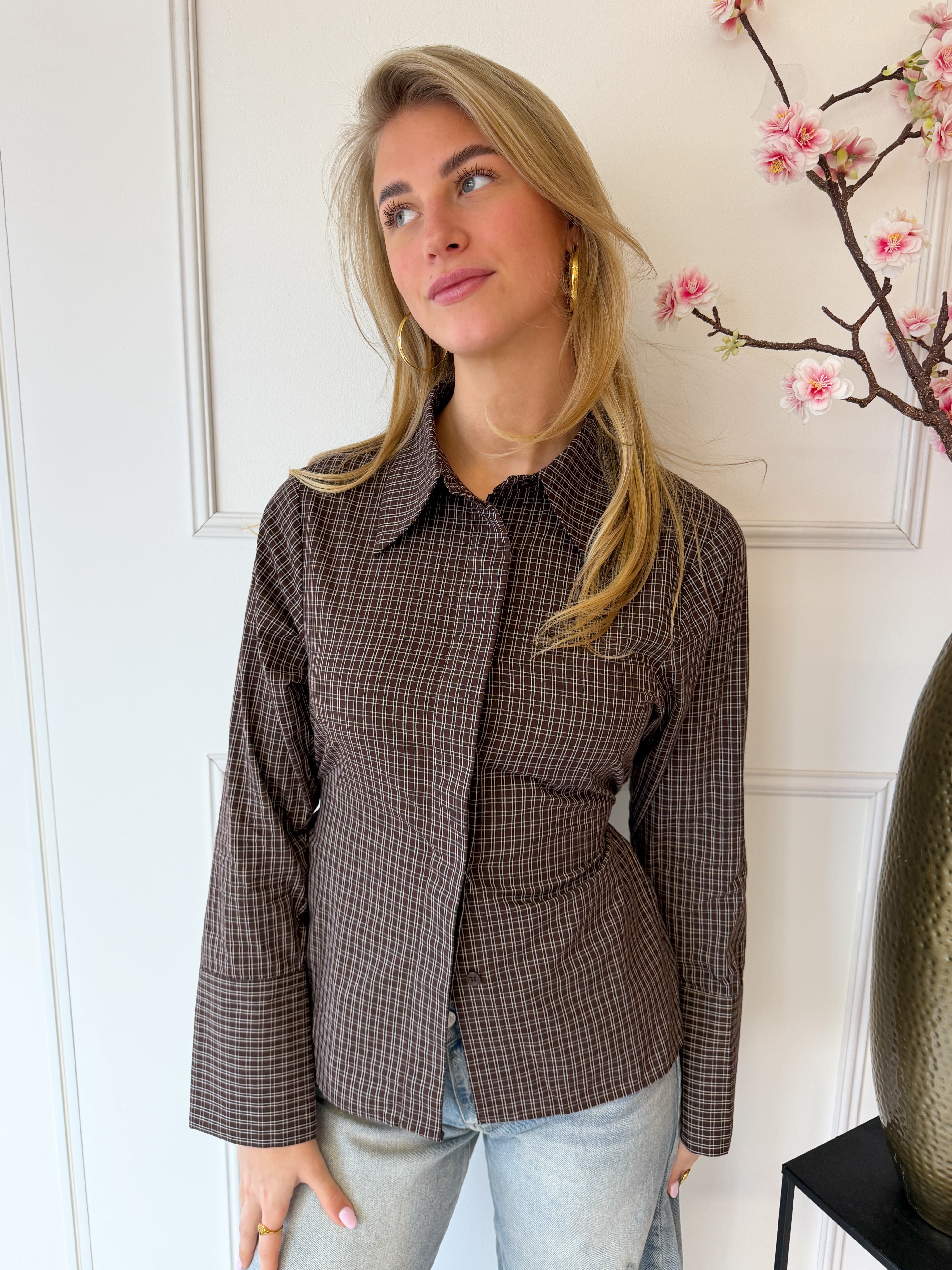 Geruite Blouse met strik detail | Bruin