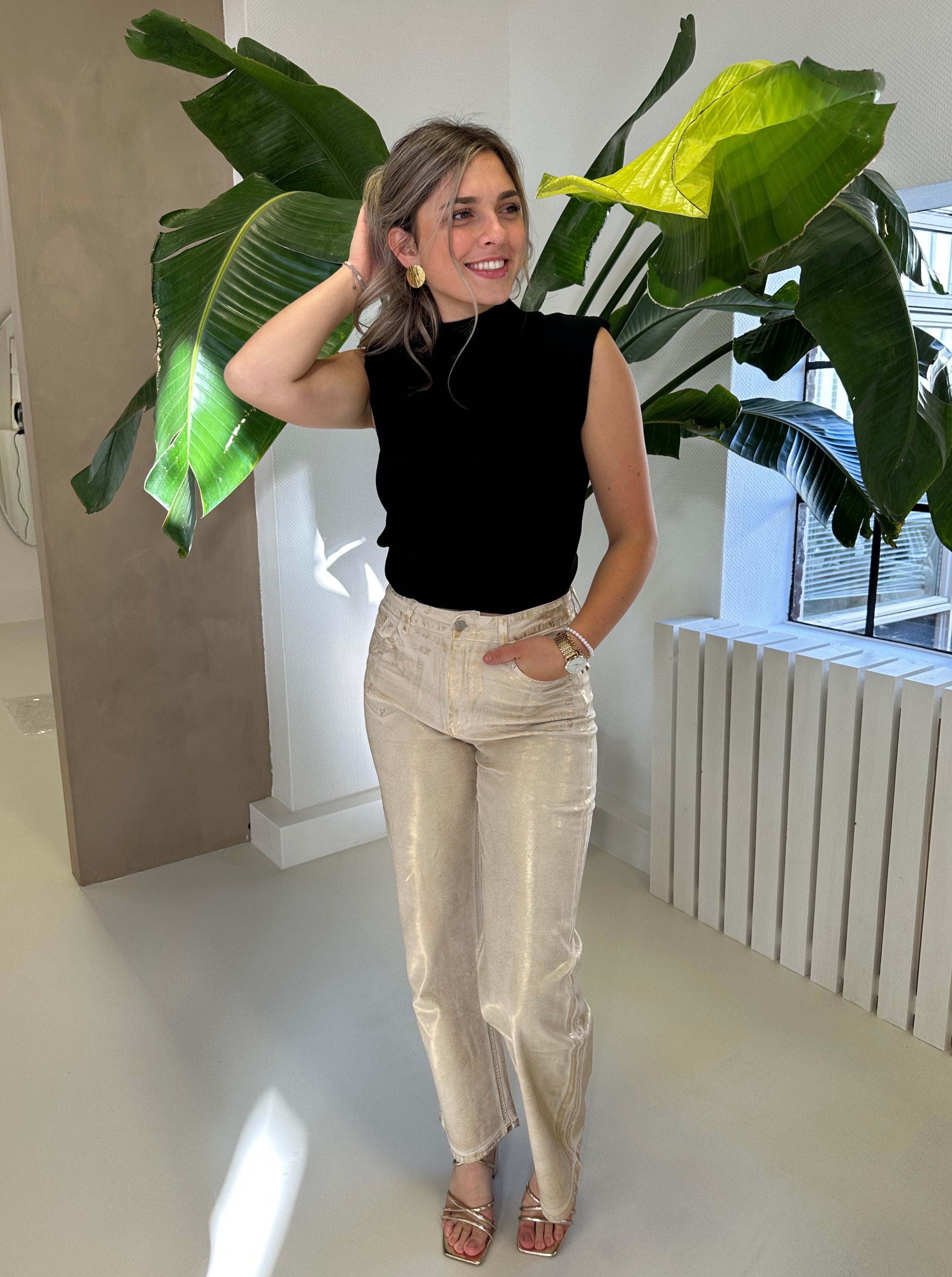 Denim Metallic Stretch Broek | Goud