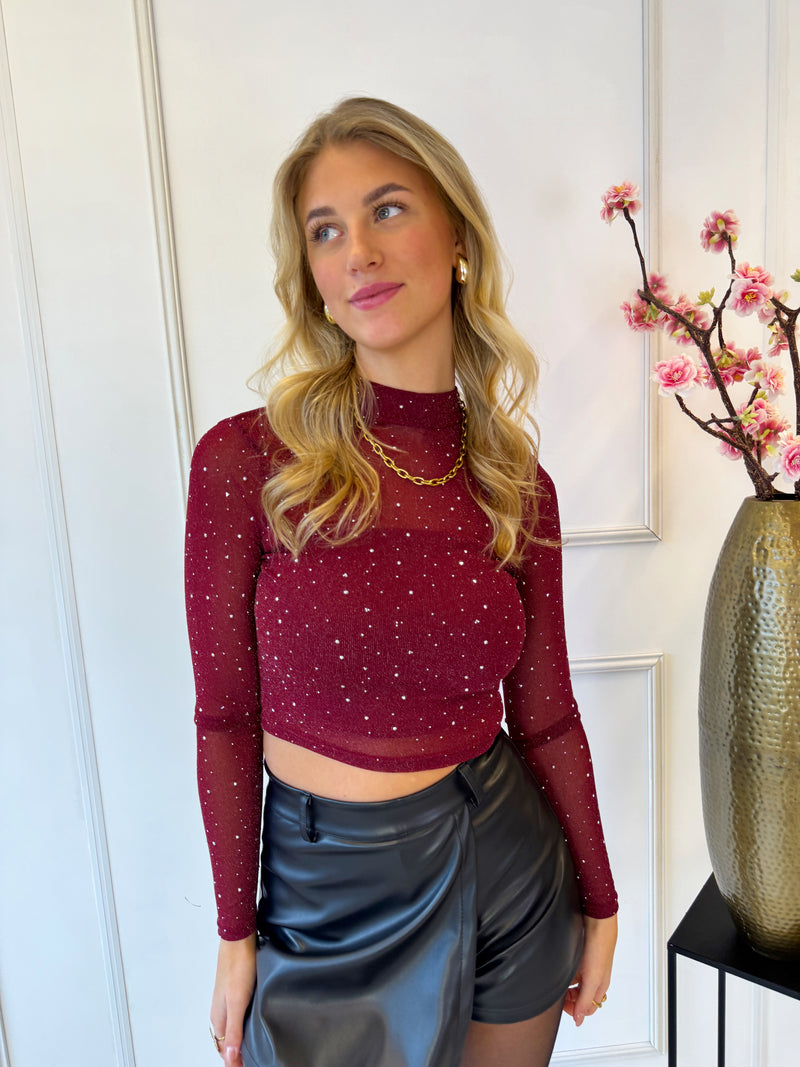 Mesh Strass Top | Bordeaux Rood