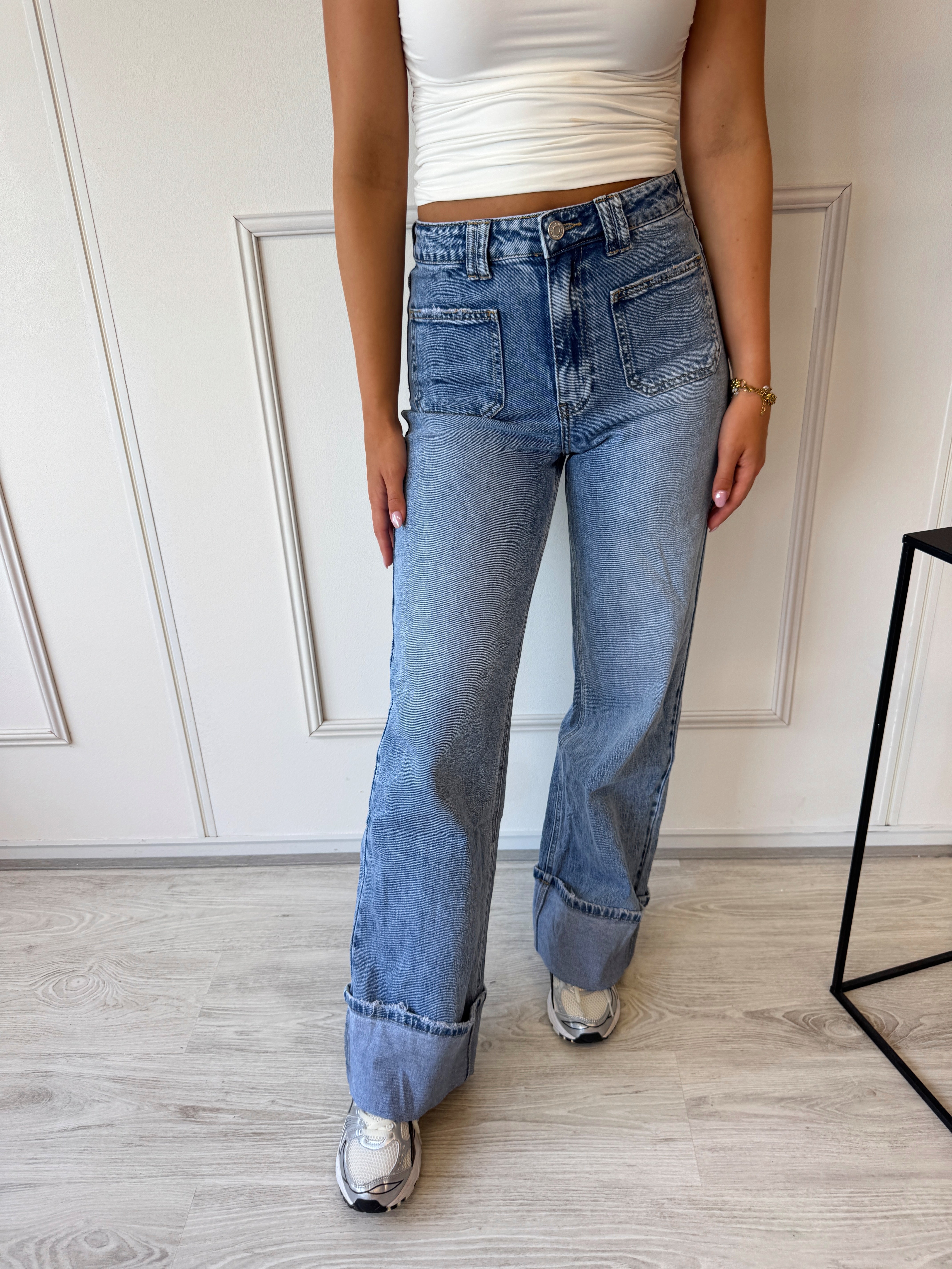 Wide Leg Front Pocket Cuff Jeans | Blauw