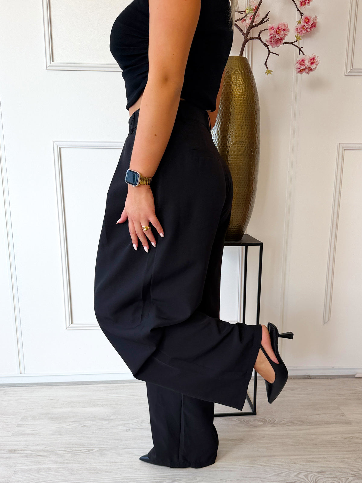 Wide Leg pantalon met plooien | Zwart