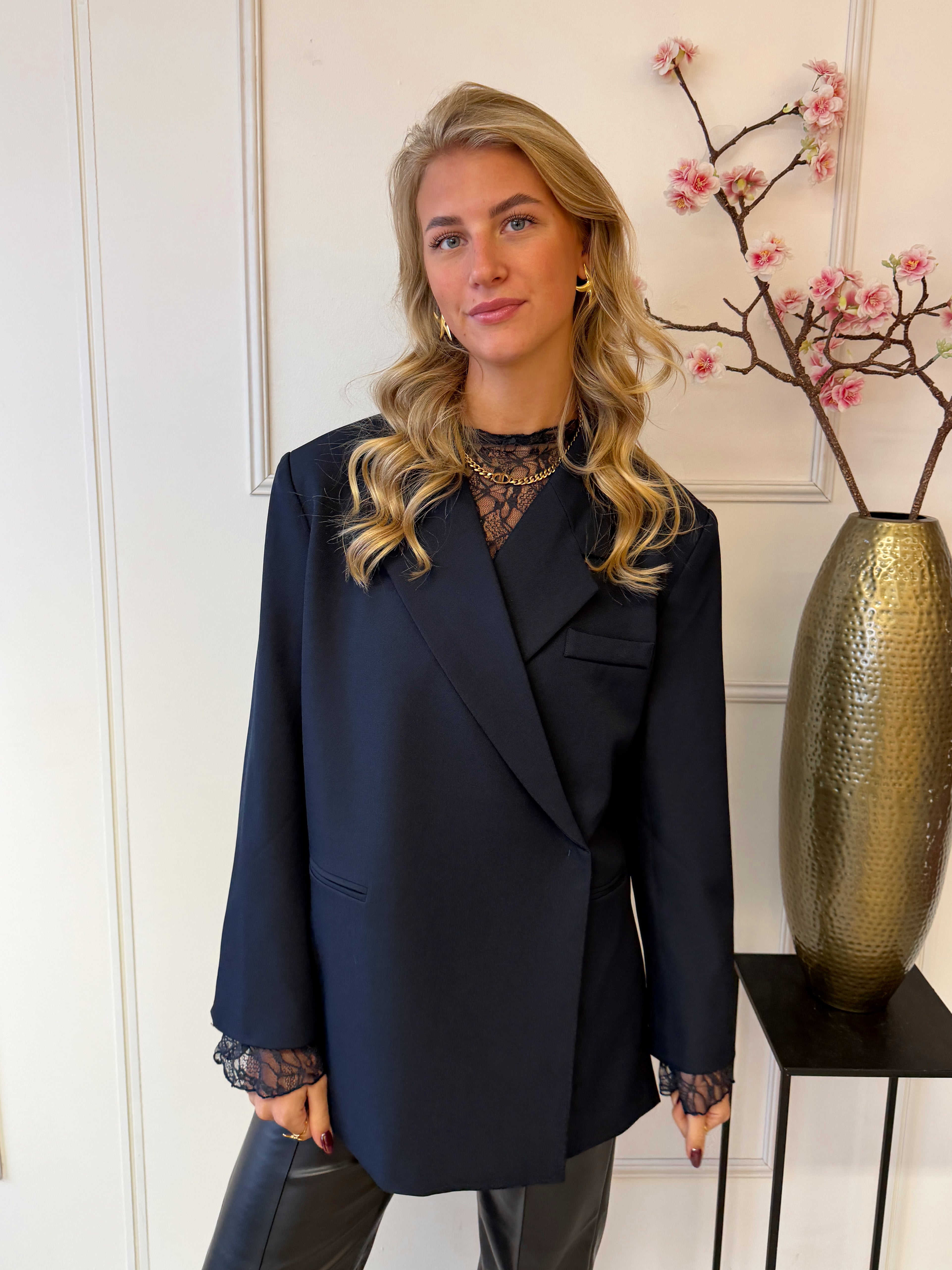 Kanten Top Flared Mouw | Navy