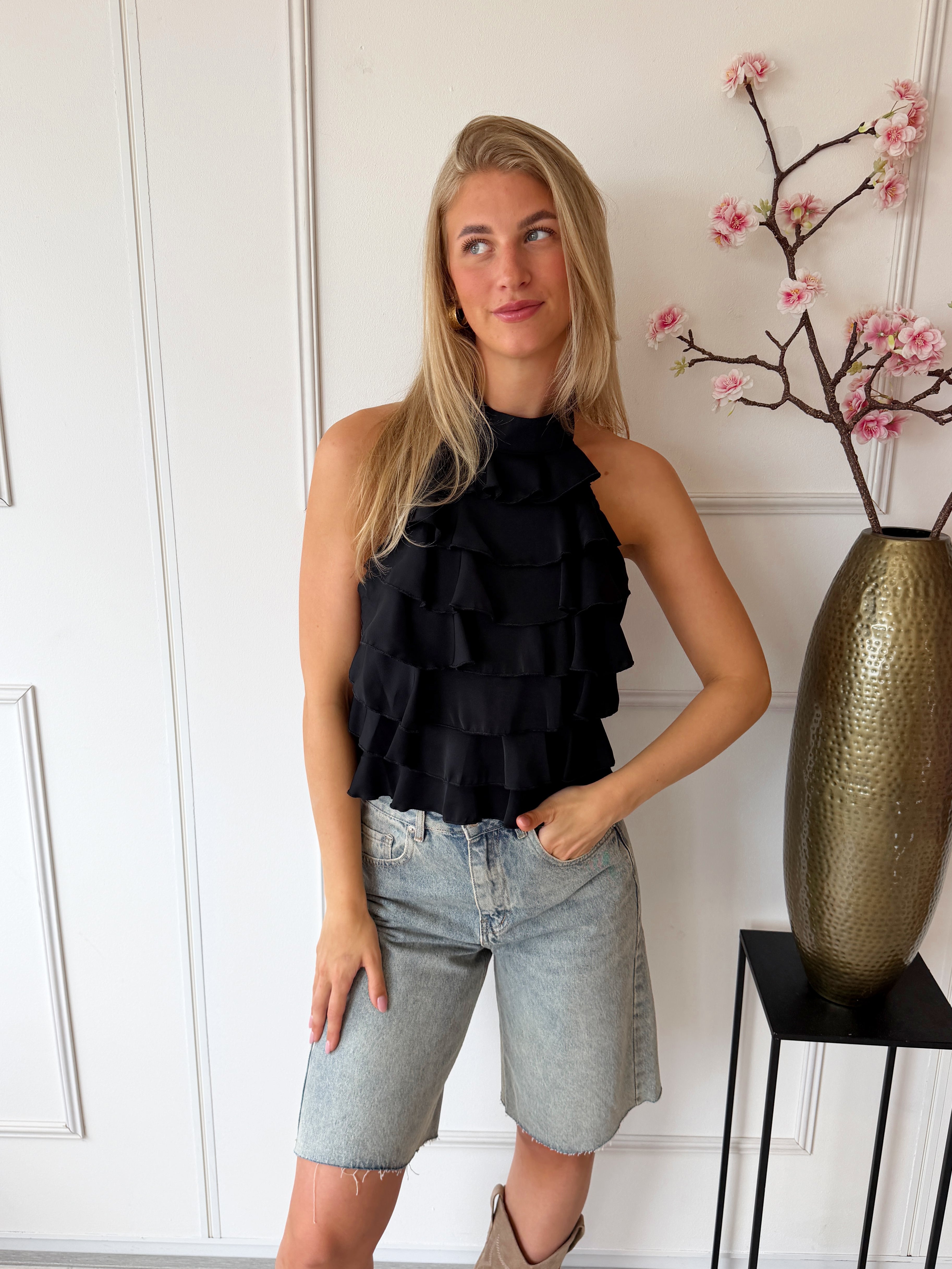Nola Top met ruffles | Zwart