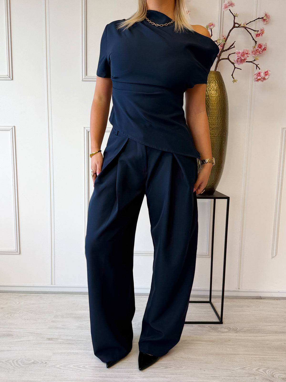 Wide Leg pantalon met plooien | Navy