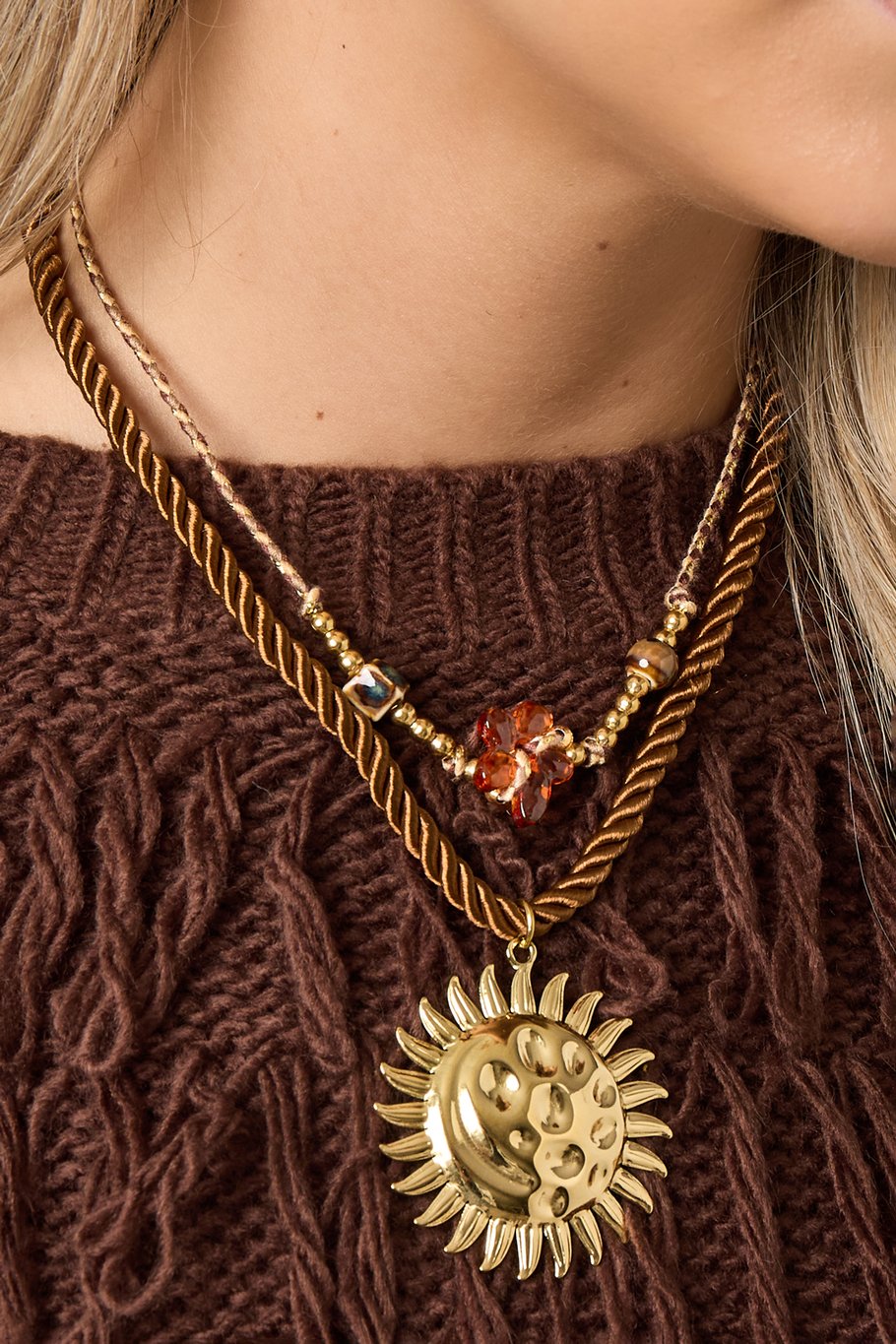 Grote Zon Hanger Ketting | Bruin - Goud