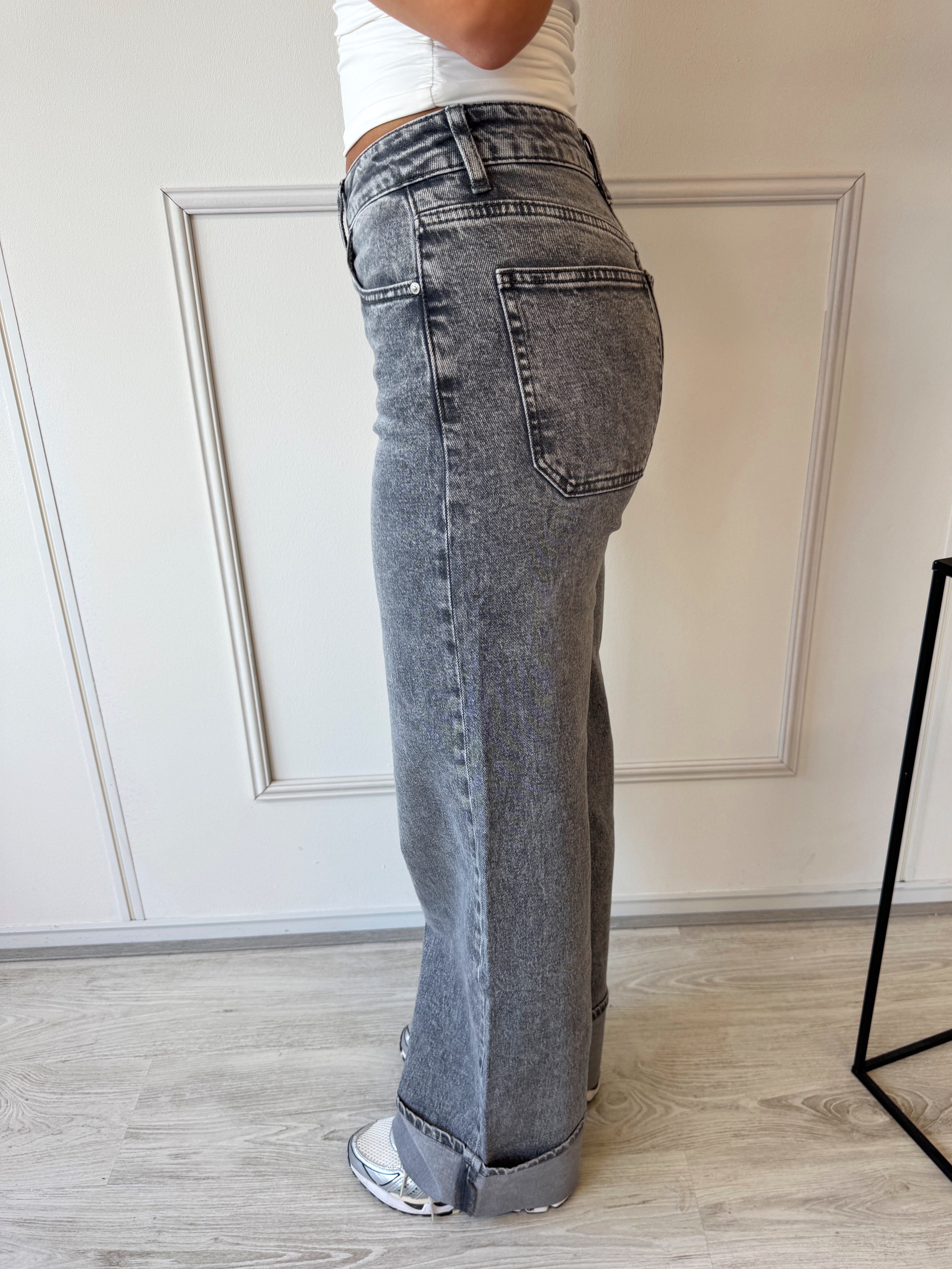 Mid Waist Cuff Jeans | Grijs